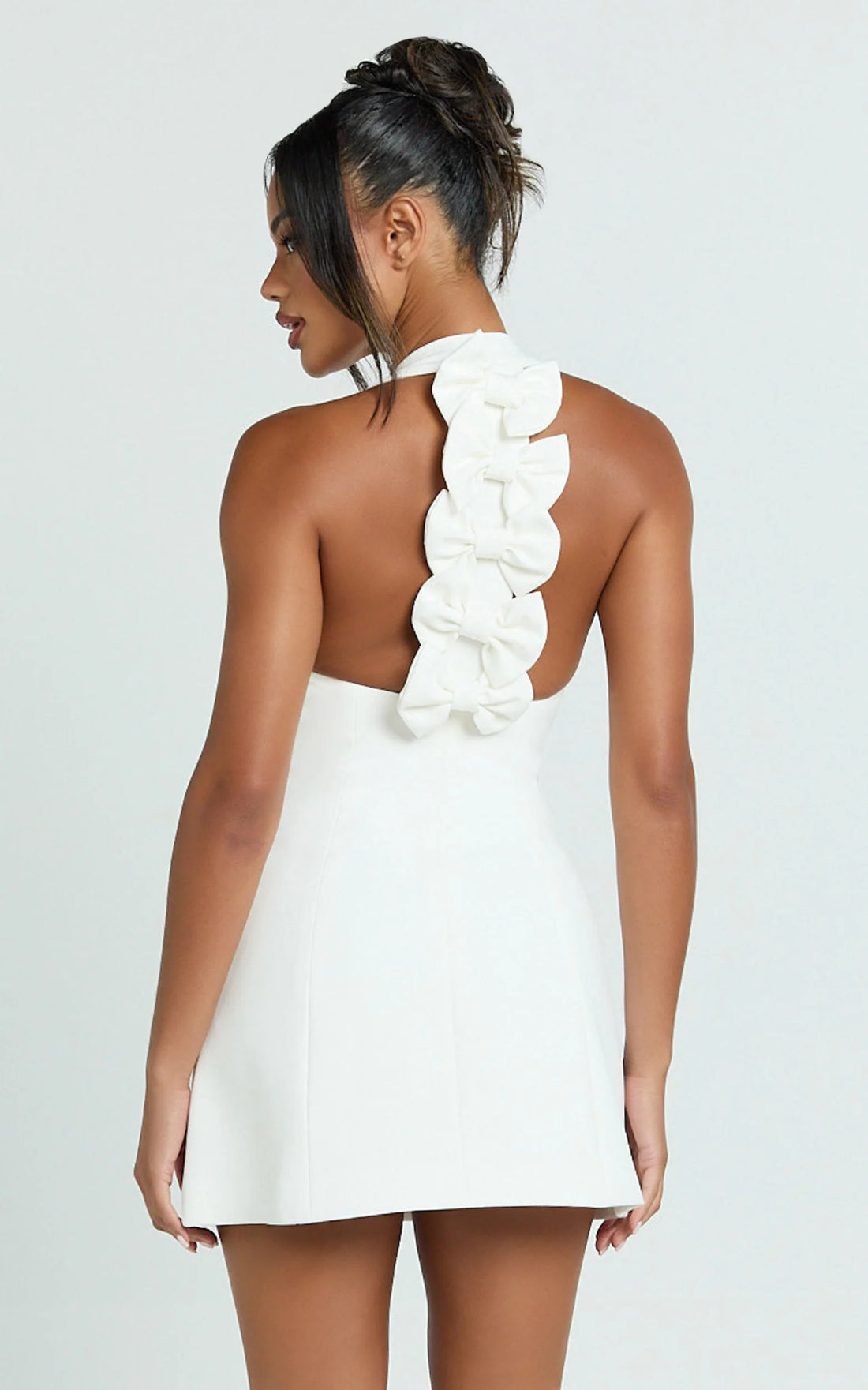 Yelena Mini Dress - Halter Neck Bow Detail Mini Dress in White