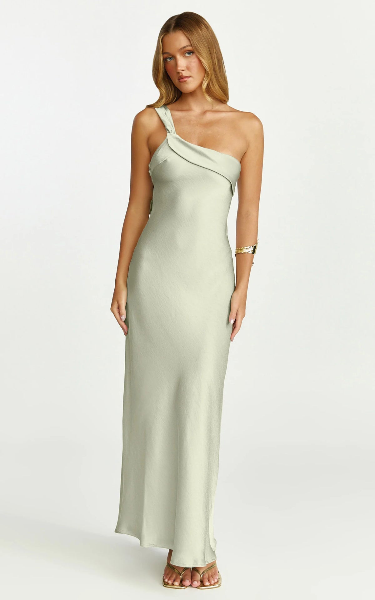 Calix Midi Dress - One Shoulder Slip Dress in Light Olive