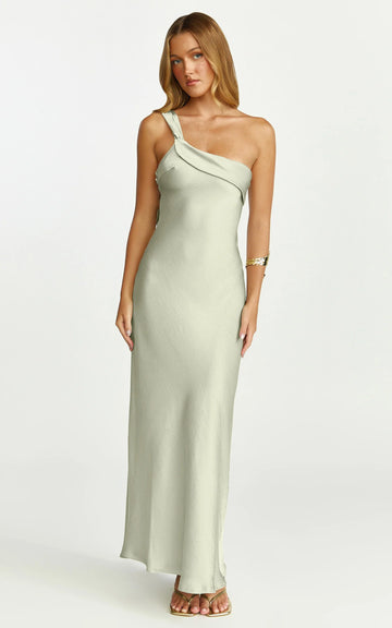 Calix Midi Dress - One Shoulder Slip Dress in Light Olive