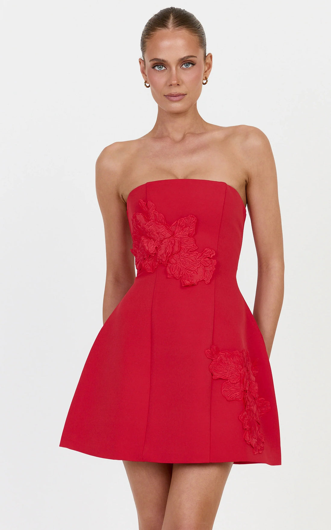 Moana Mini Dress - Strapless Floral Embellished Structured Dress in Red