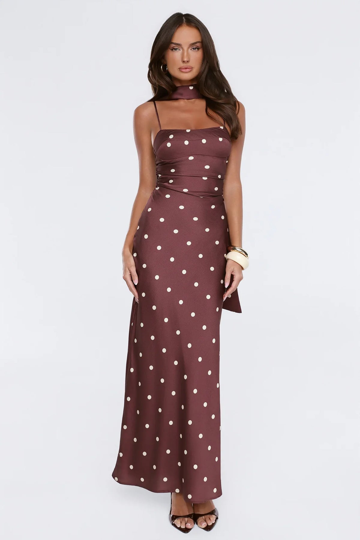 Bloom Star Polka Dot Satin Strapless Maxi Dress Brown