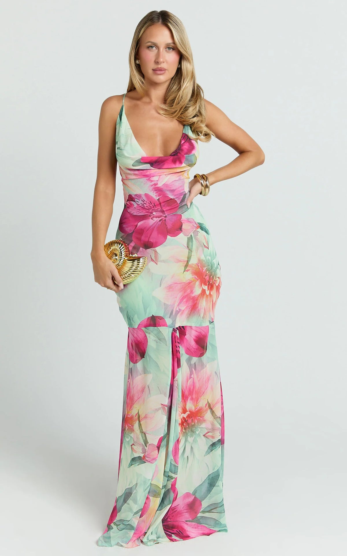 Edwina Maxi Dress - Georgette Cowl Neck Sheer Skirt Dress in Abstract Floral