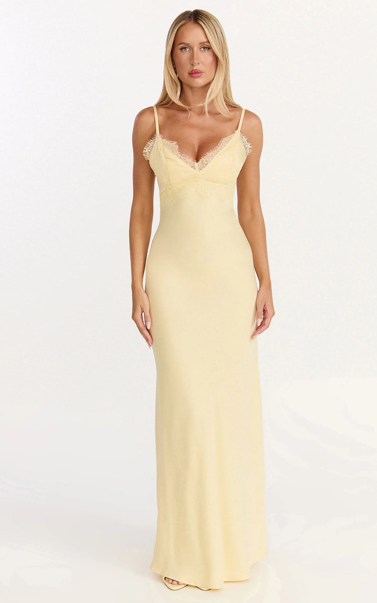 Kyra Maxi Dress - Lace Bust And Tie Back Satin Dress in Lemon