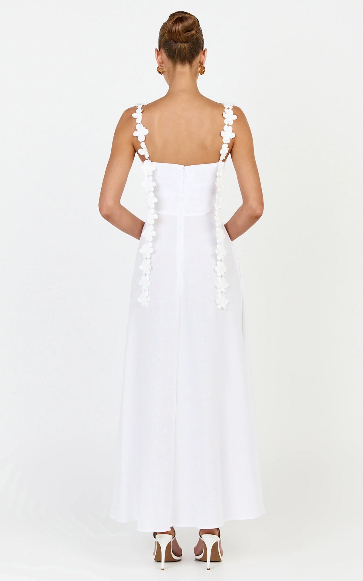 Clementine Midi Dress - 3D Floral Strap Dress in White