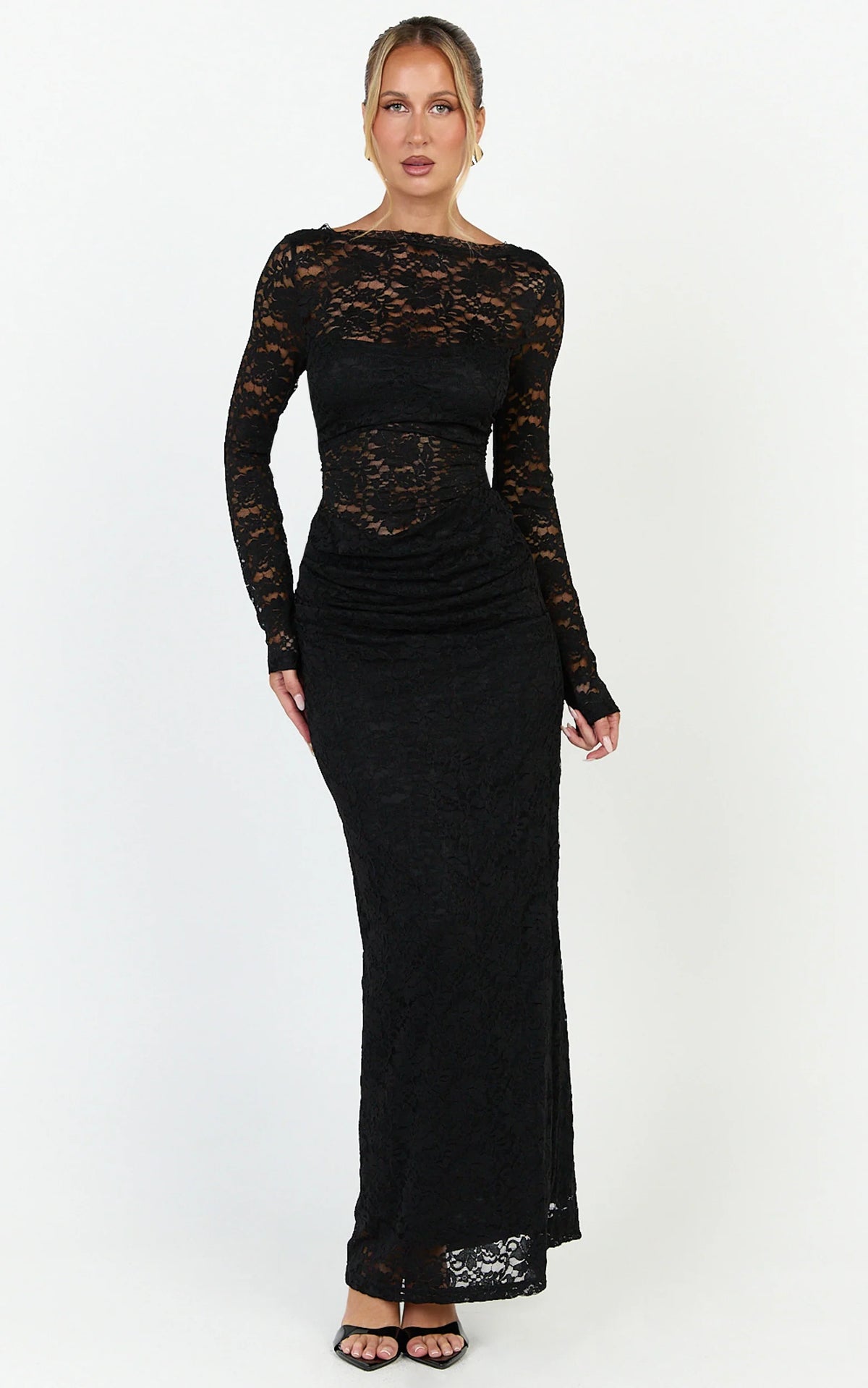 Skye Maxi Dress - Lace Long Sleeve Draped Waist Dress in Black