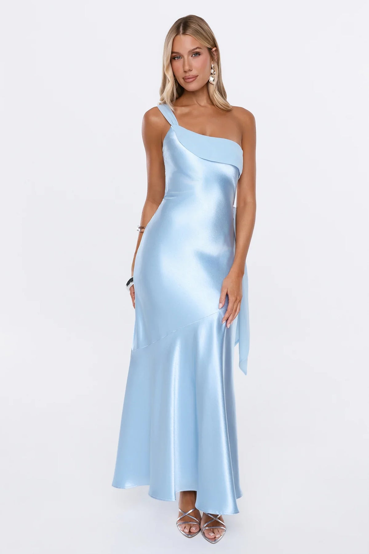Fashion Story One Shoulder Satin Maxi Dress Blue