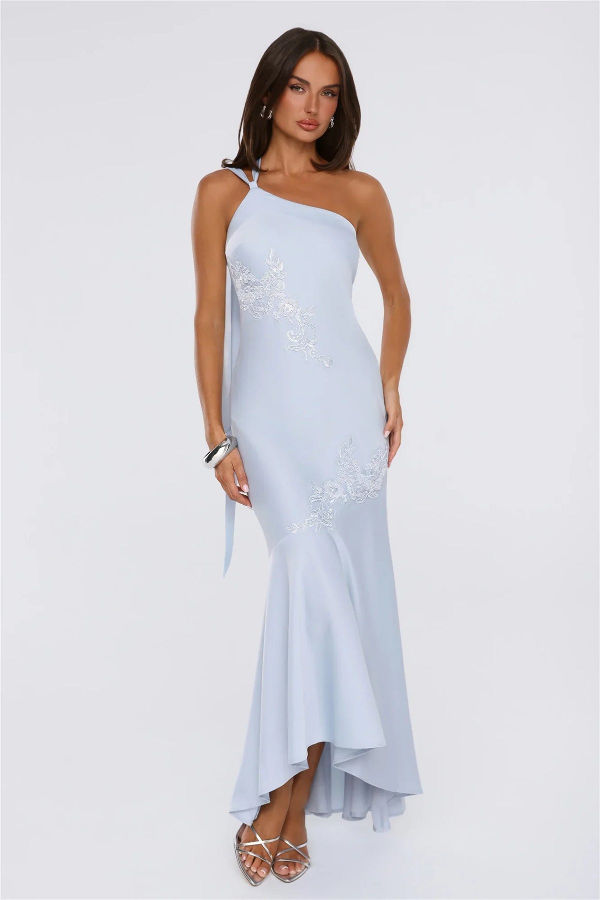 Jelly Glow One Shoulder Satin Maxi Dress Blue