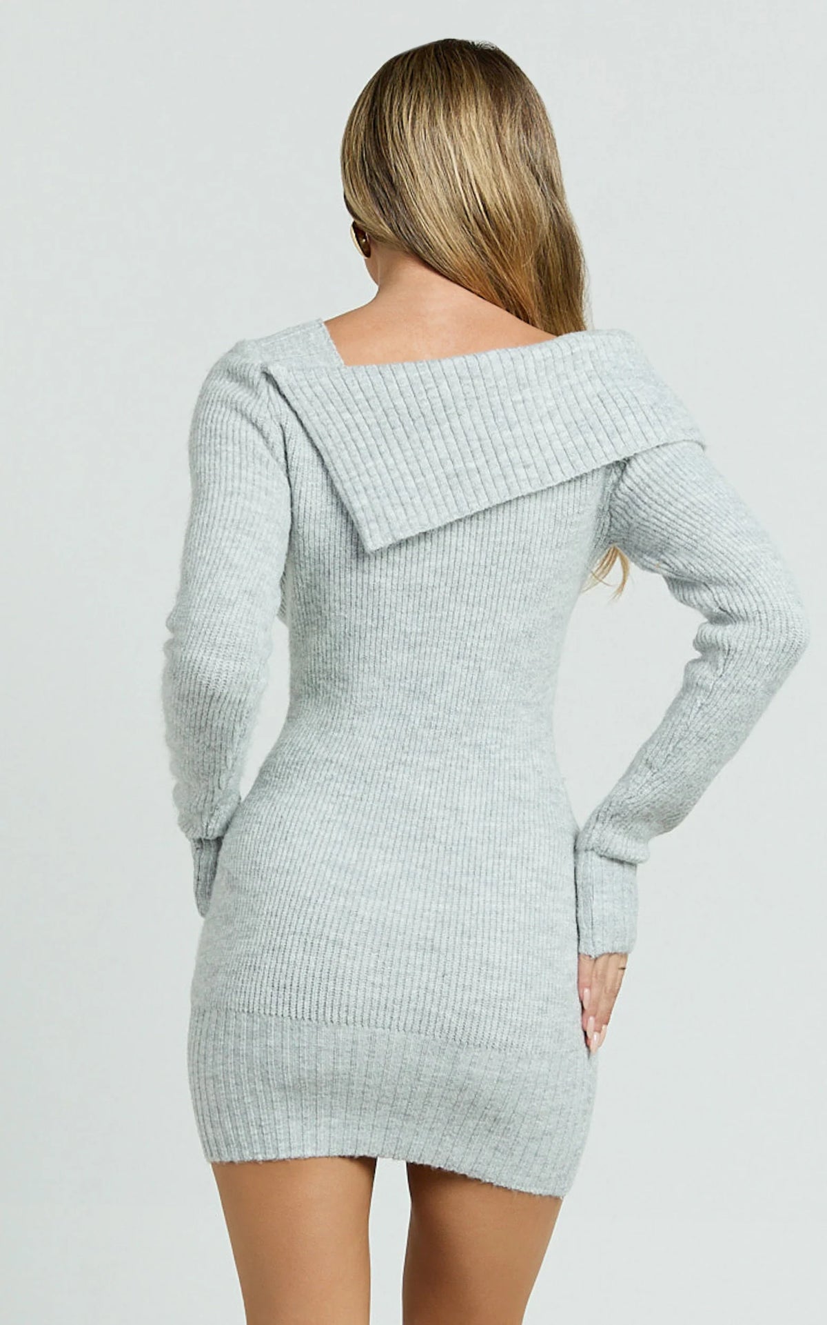 Tess Mini Dress - Asymmetric Off Shoulder Long Sleeve Knit Dress in Light Grey Marl