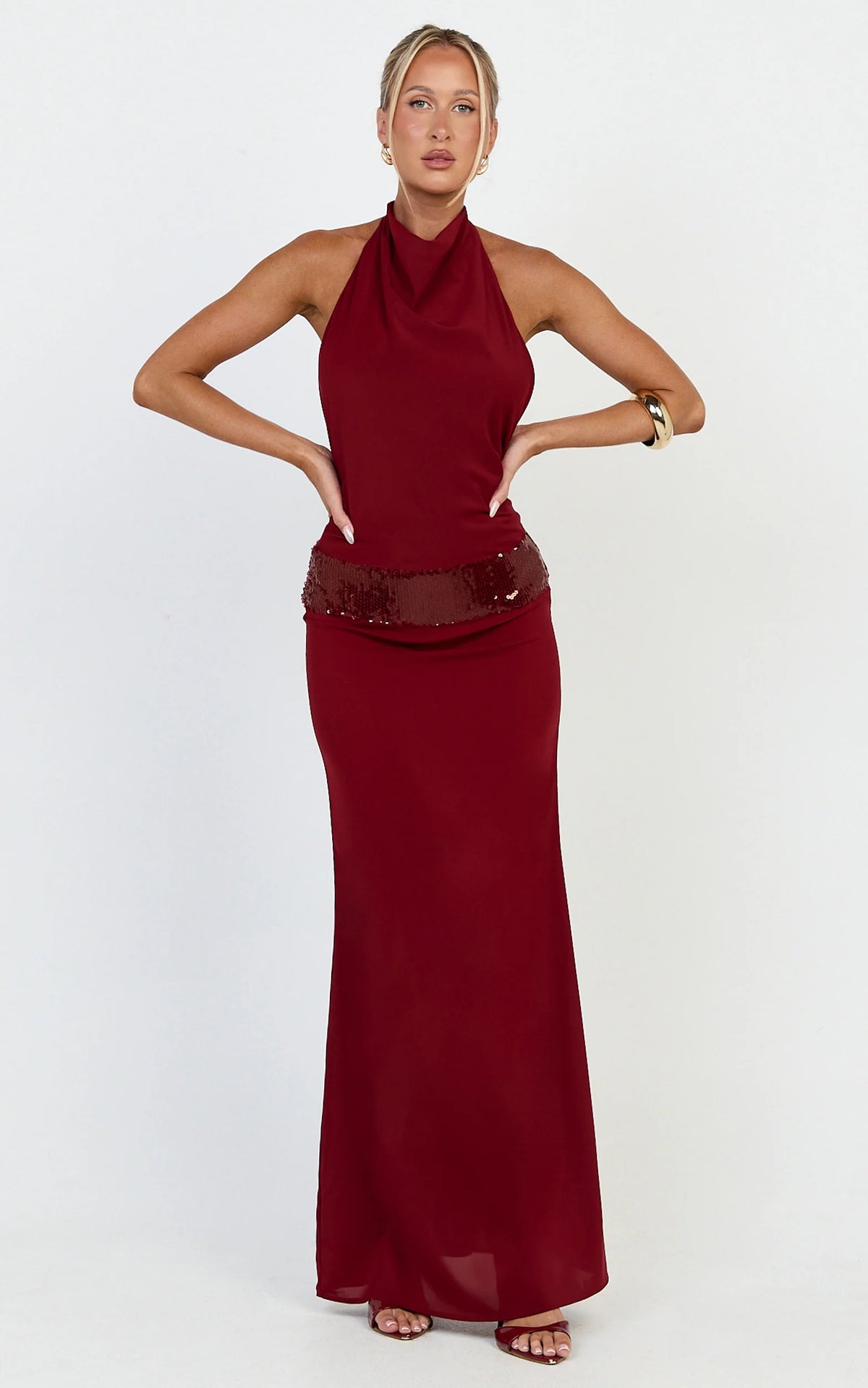 Evianne Maxi Dress - Backless Sequin Drop Waist Halter Dress in Wine