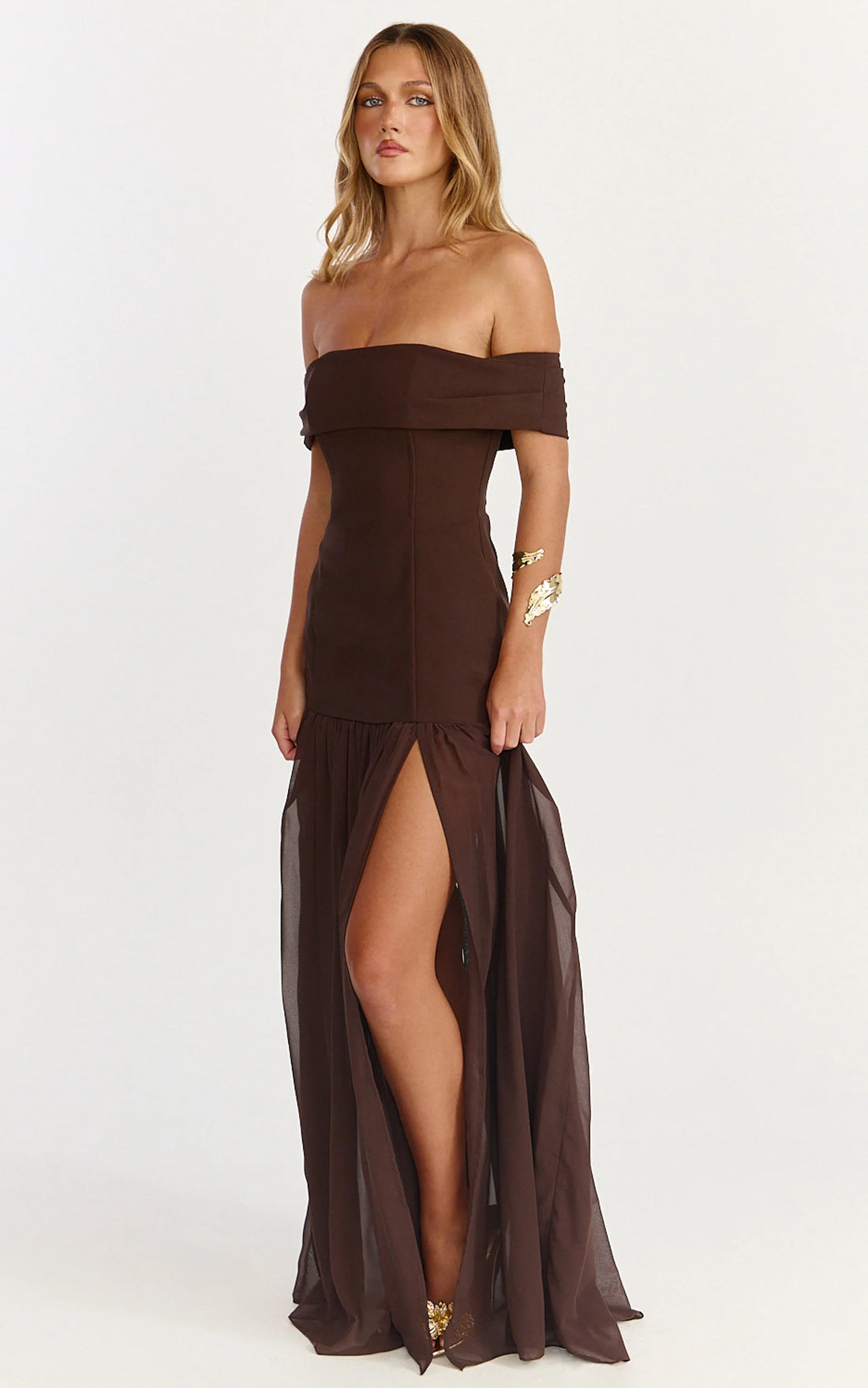 Florence Maxi Dress - Off Shoulder Sheer Skirt Dress in Chocolate