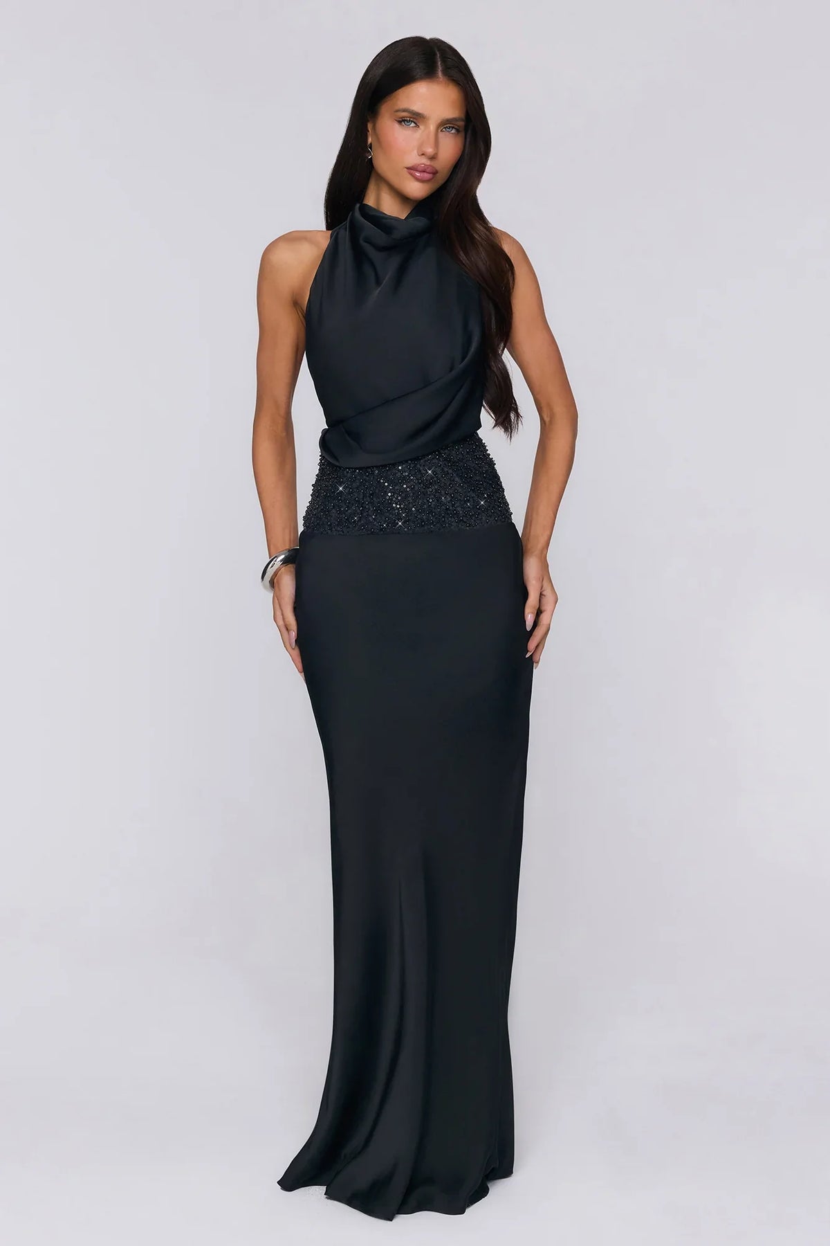 Gossip And Glitter Halter Satin Maxi Dress Black