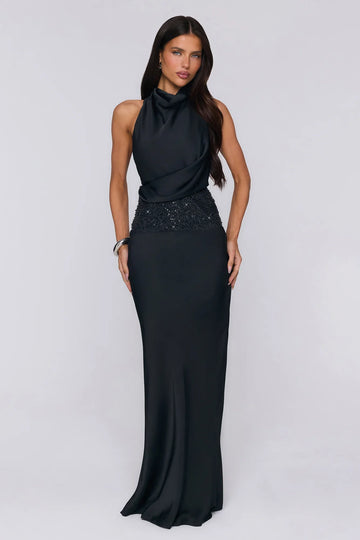 Gossip And Glitter Halter Satin Maxi Dress Black