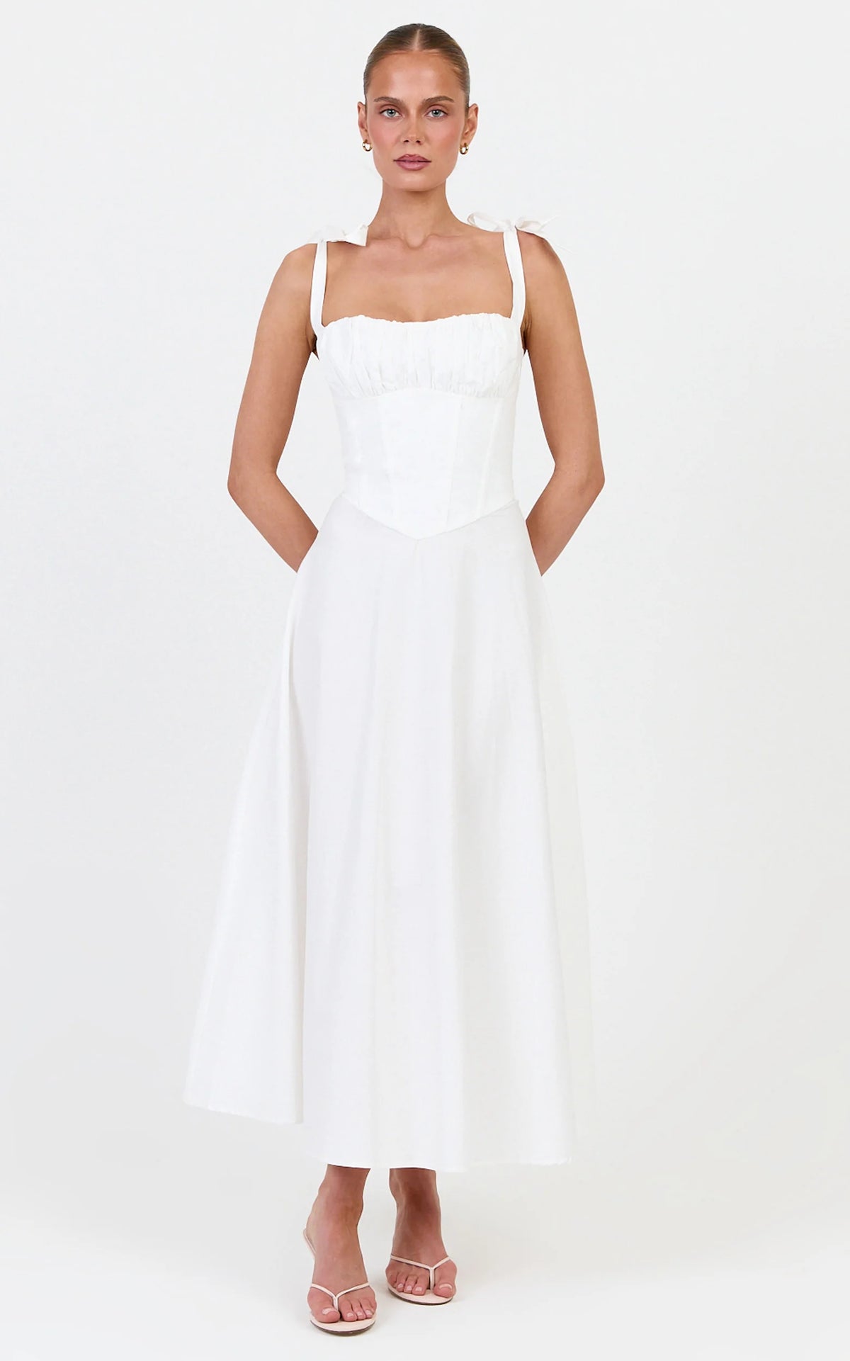 Vionette Midi Dress - Tie Shoulder Ruched Bust Corset Dress in White