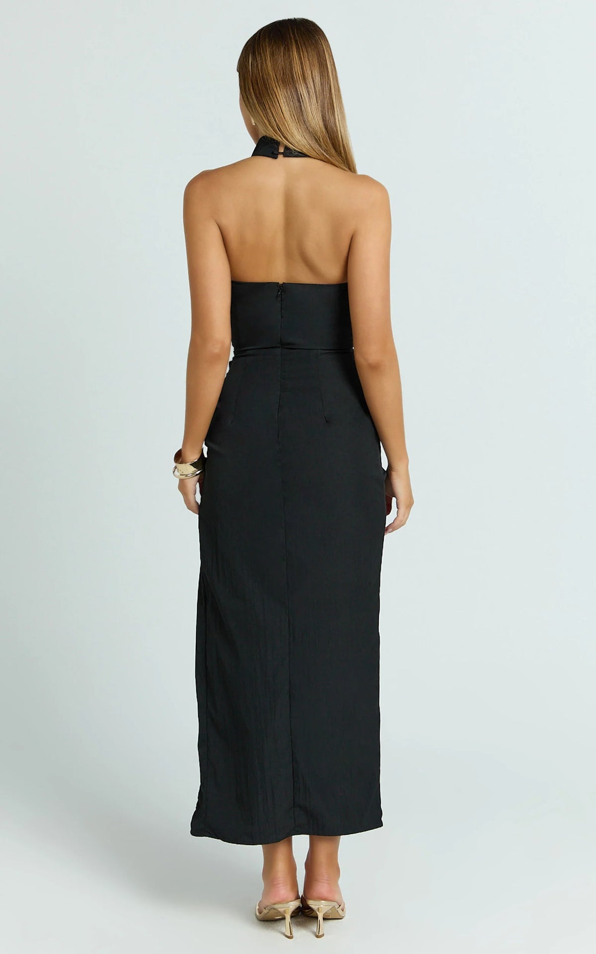Finn Midi Dress - Folded Cowl Halter With Front Leg Split in Black