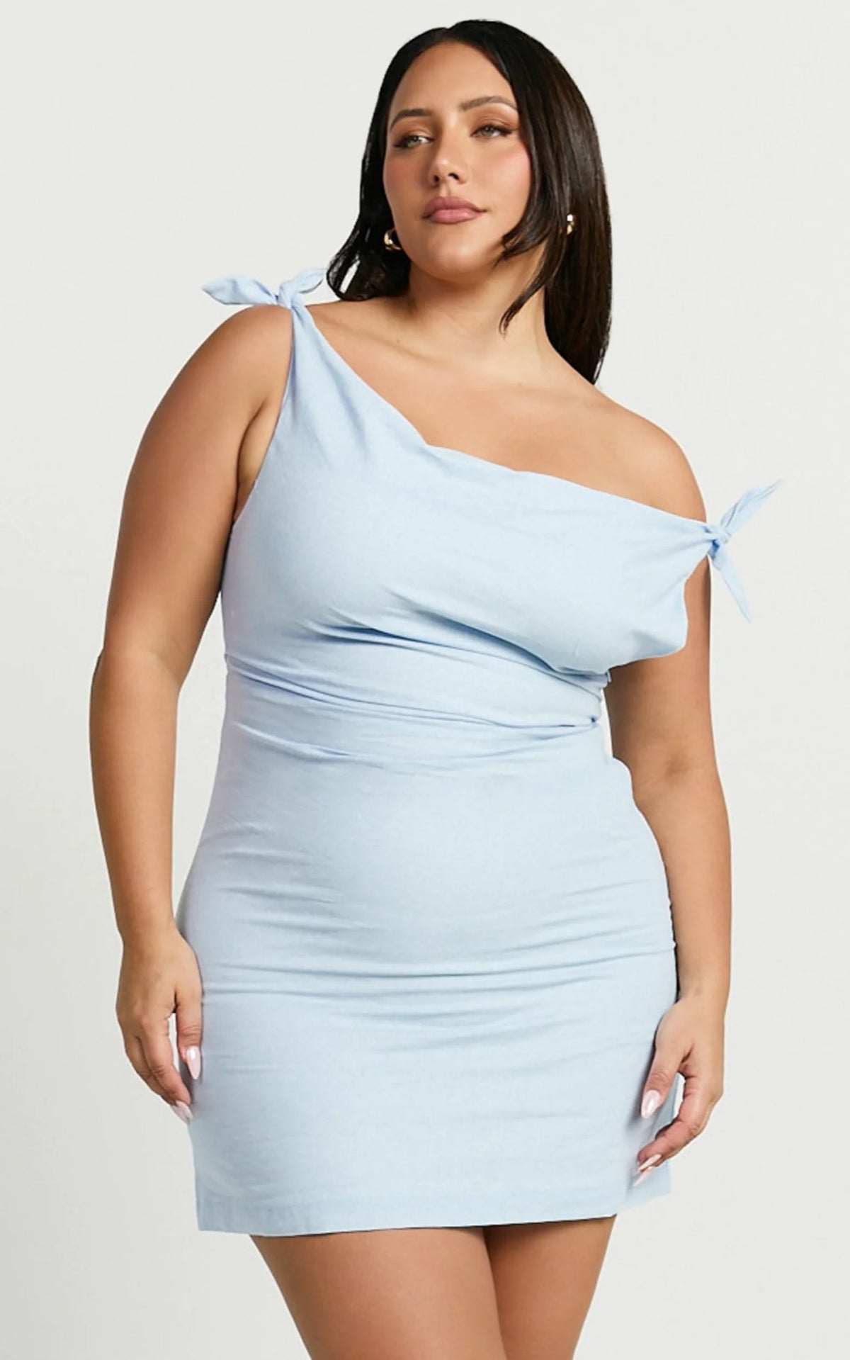 Jeofina Mini Dress - Off The Shoulder Linen Look Dress in Pale Blue