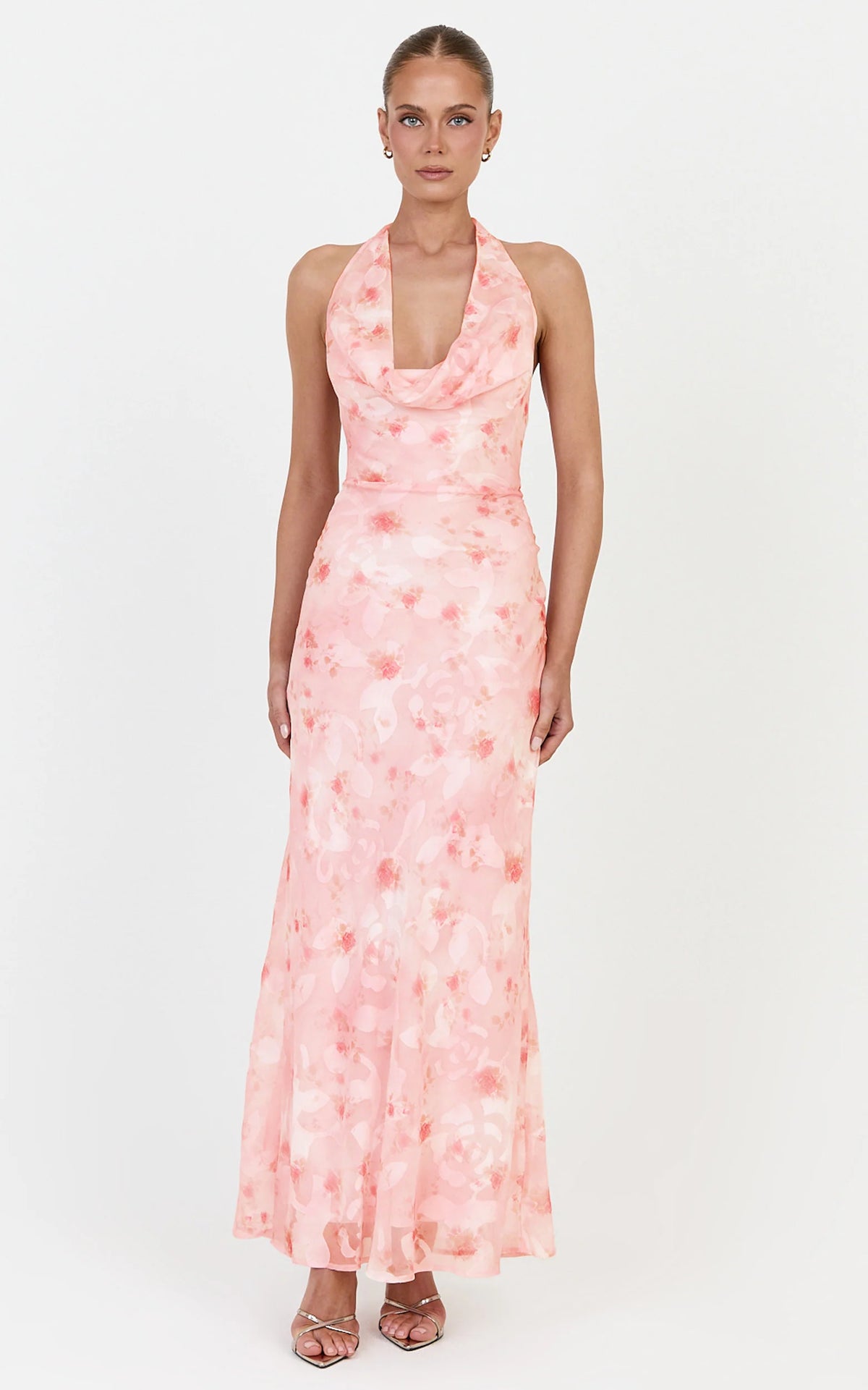 Paloma Maxi Dress - Halter Neck Cowl Dress in Pink Floral