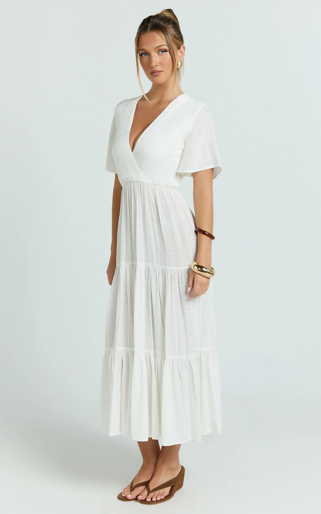 Cryzel Midi Dress - Flutter Sleeve Tiered Dress in White