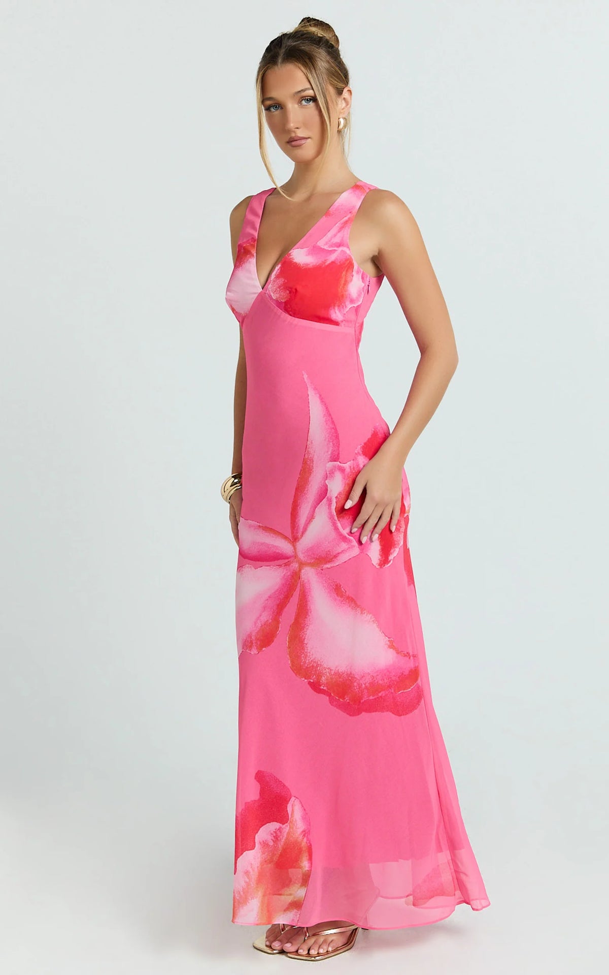Iris Maxi Dress - Sleeveless V Neckline Dress in Fuschia Floral