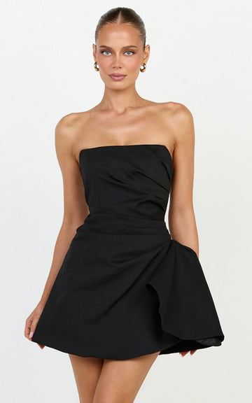 Celeste Mini Dress - Strapless Sculptural Tuck Dress in Black