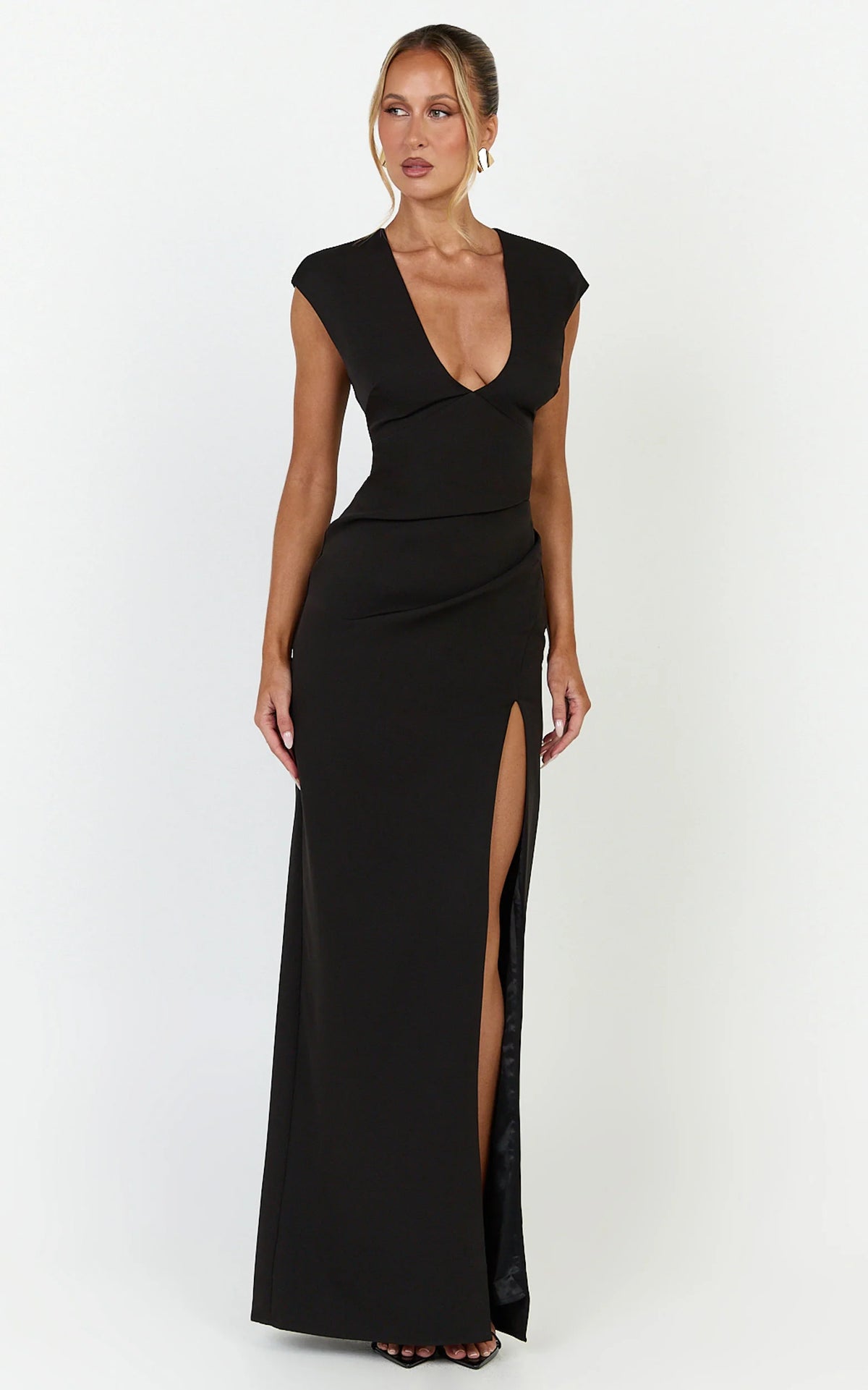 Lilo Maxi Dress - V Neck Cap Sleeve Dress in Black