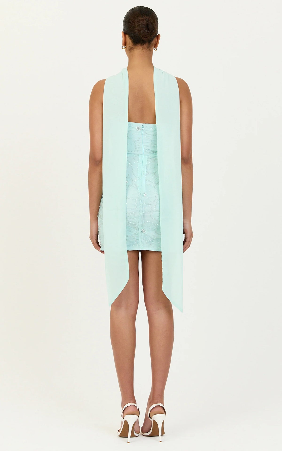 Oona Mini Dress - Strapless Floral Embroidered Dress With Draped Neck Scarf in Mint