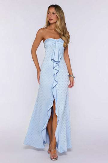 Sparked Hour Satin Polka Dot Strapless Maxi Dress Blue