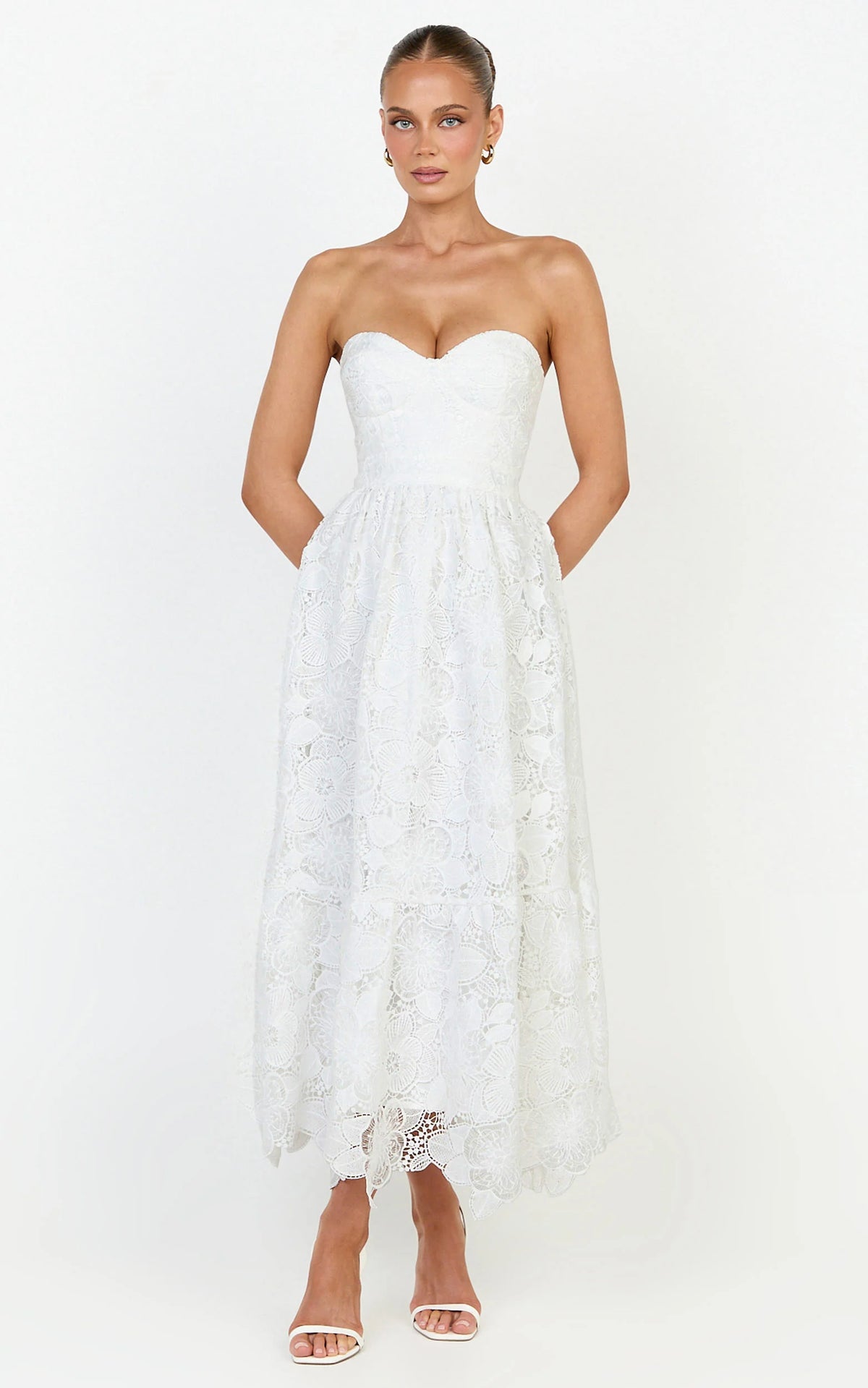 Gabriela Midi Dress - Strapless Lace Dress in White