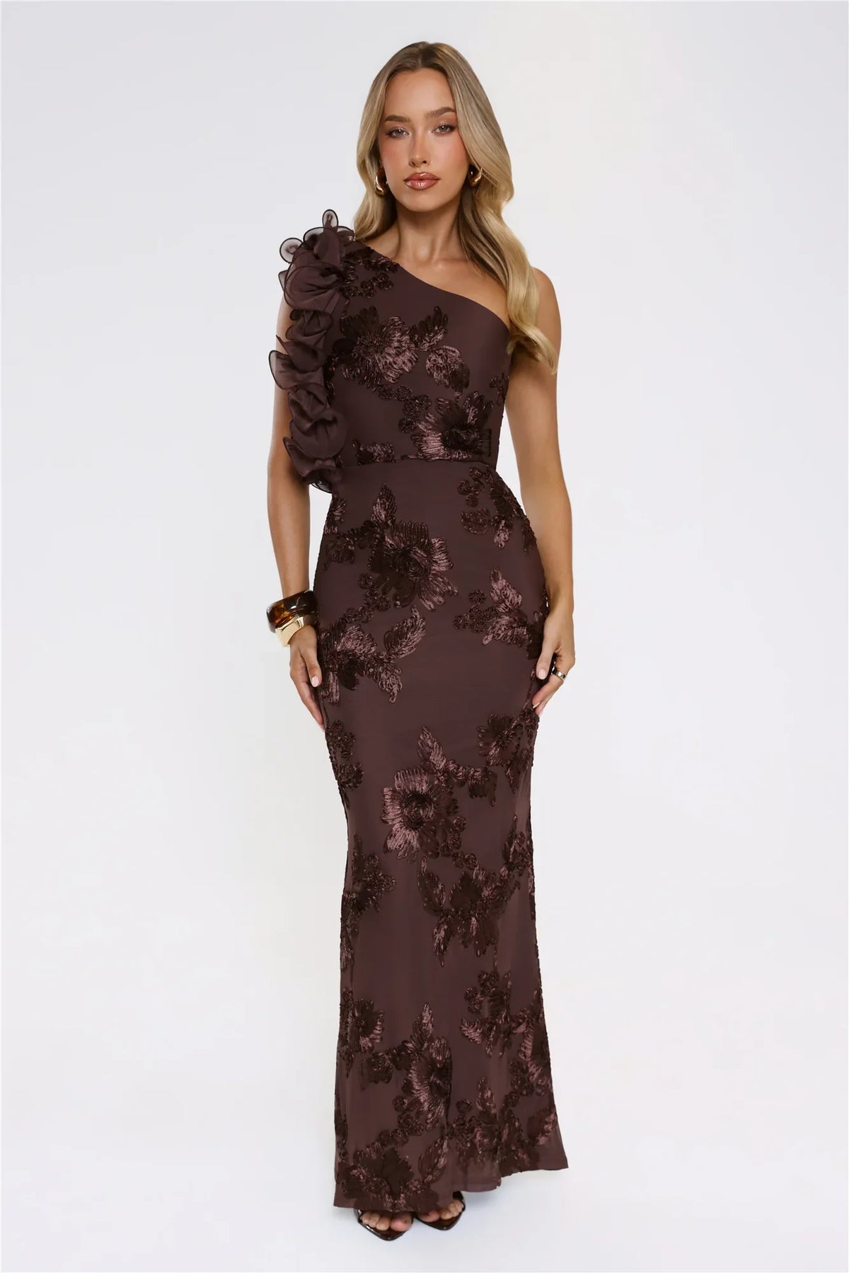 Fleur Flair One Shoulder Maxi Dress Chocolate
