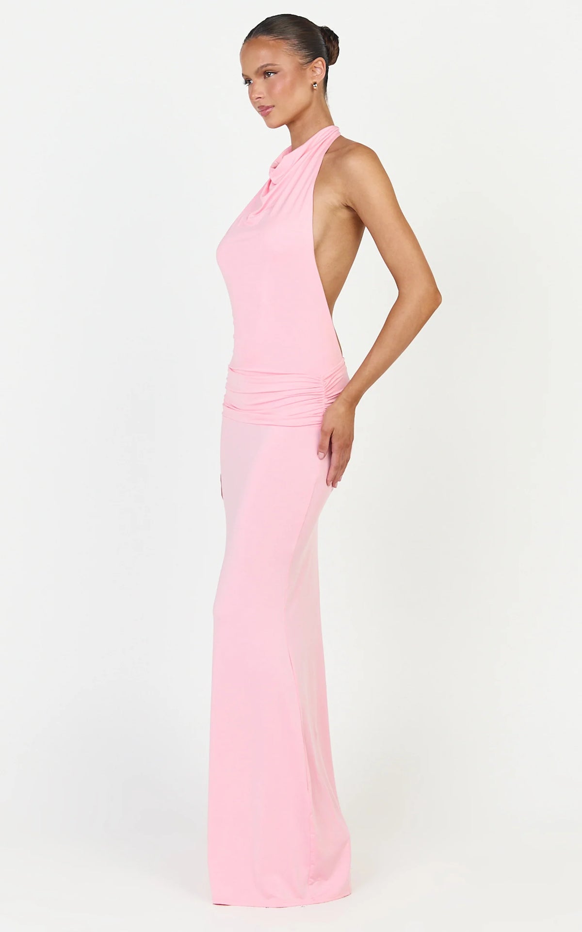 Lizzy Maxi Dress - Backless Ruched Bodycon Dress in Pink