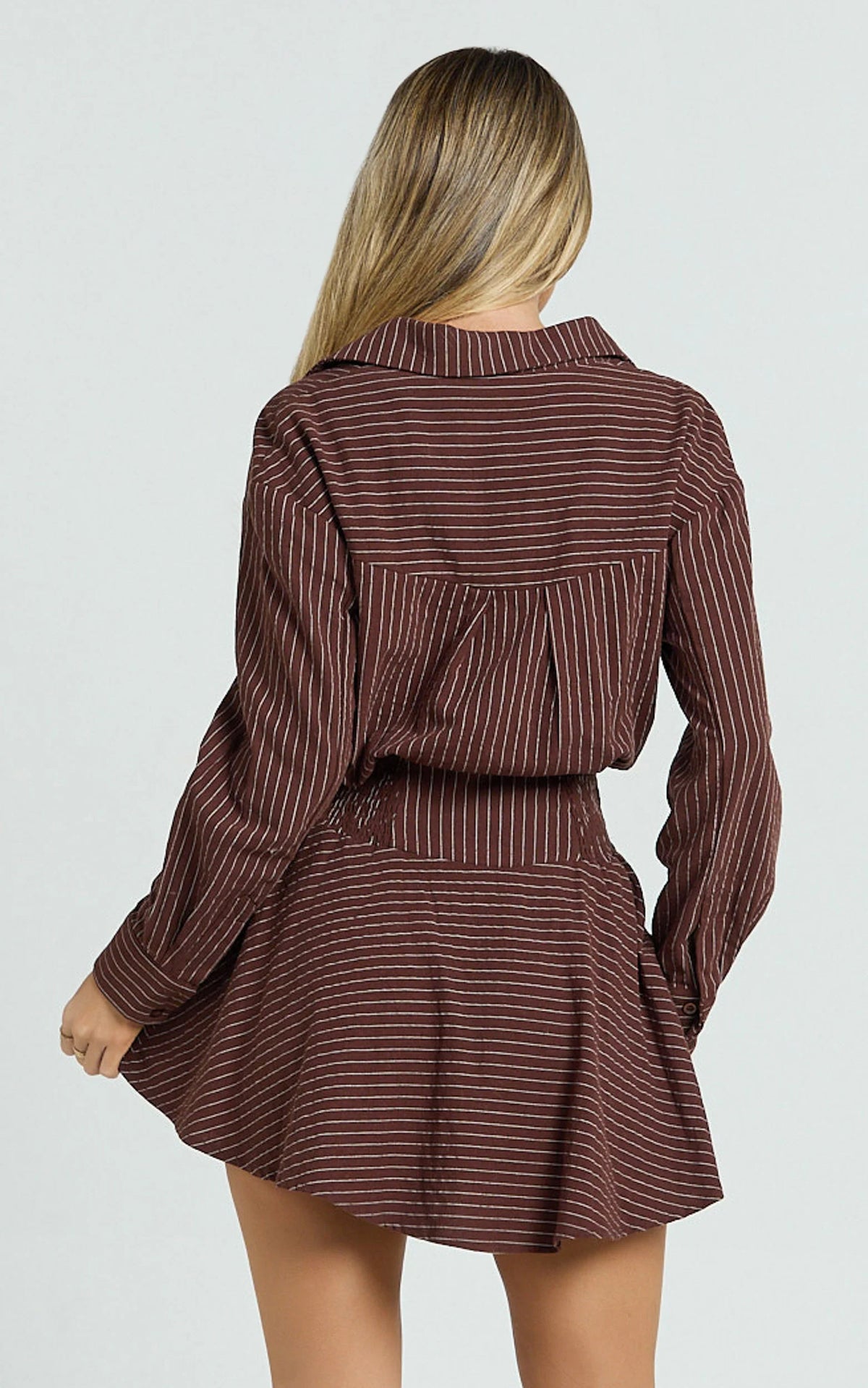 Whitney Mini Dress - Linen Long Sleeve Shirt Dress in Chocolate Pinstripe
