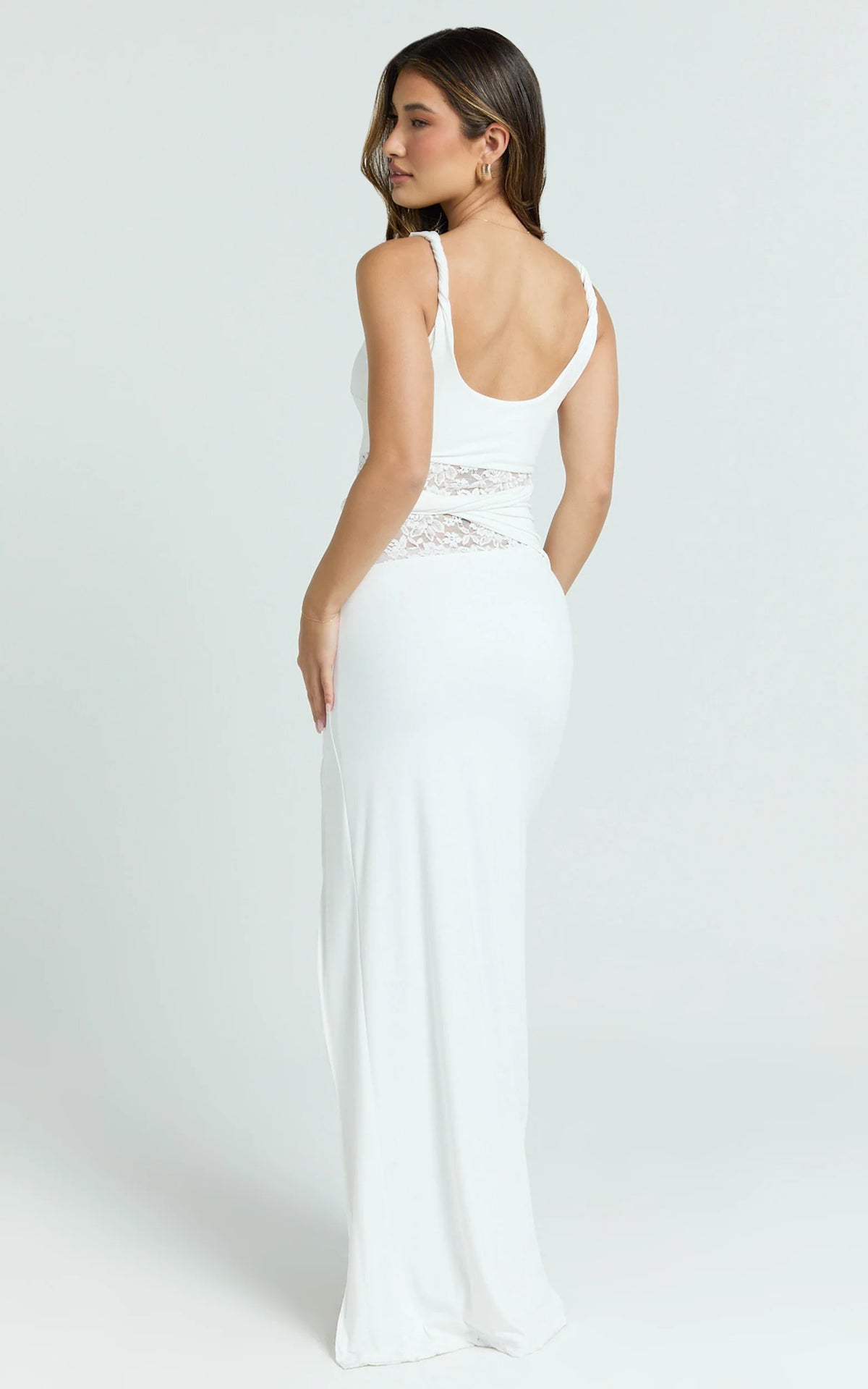 Alberta Maxi Dress - Spliced Sheer Lace Column Dress in White