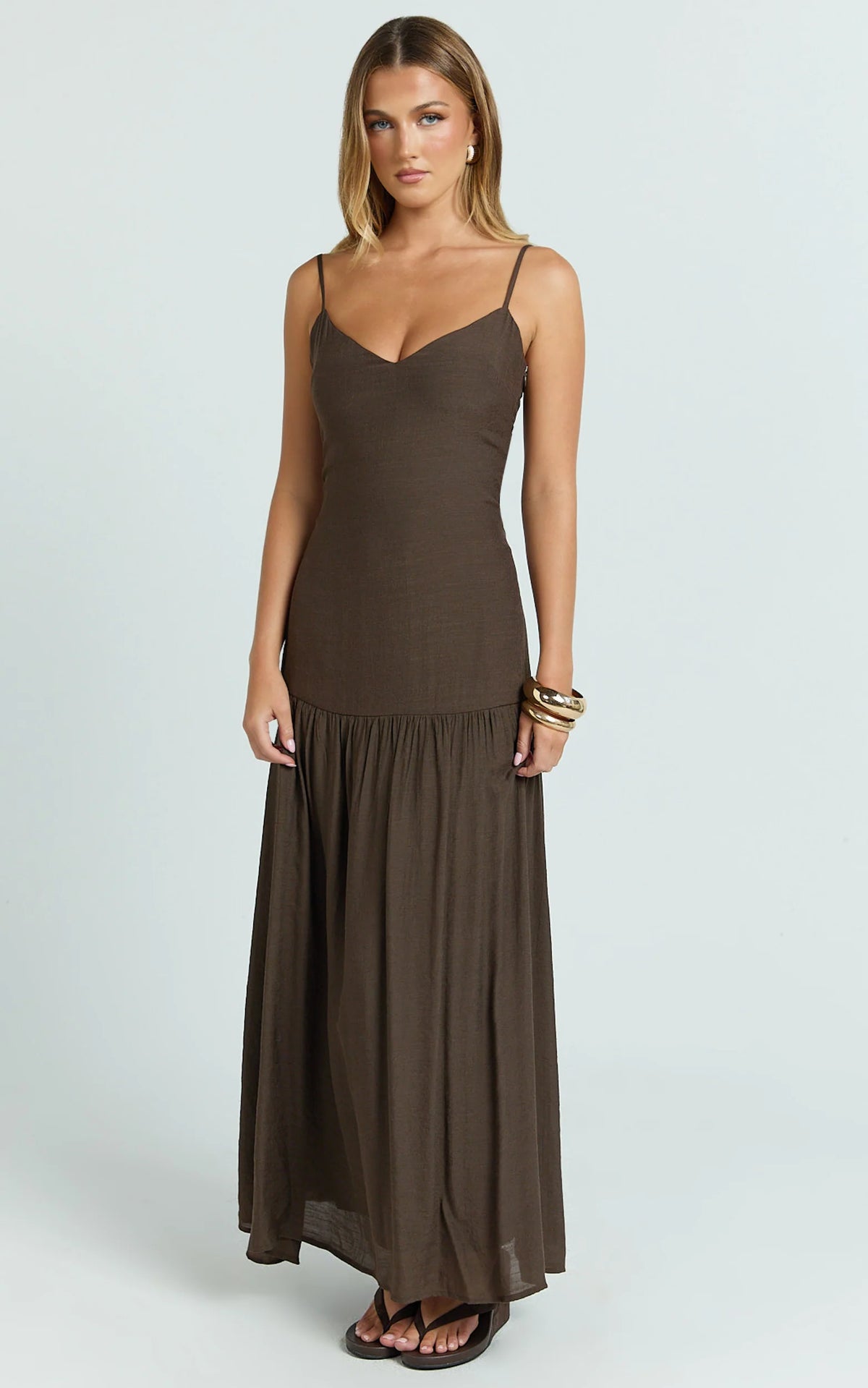 Collins Maxi Dress - V Neck Dropped Waist Gathered Maxi Dress in Chocolate