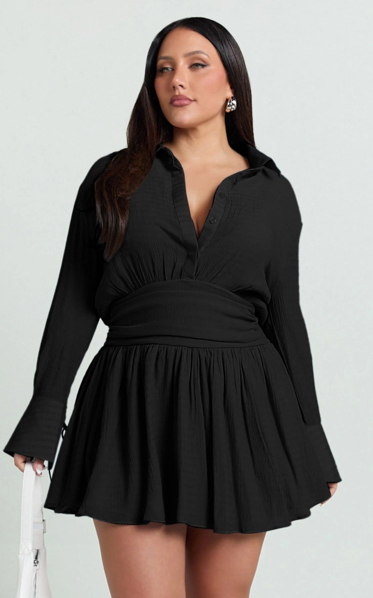 Valerie Mini Dress - Collared Long Sleeve Waist Shirt Dress in Black