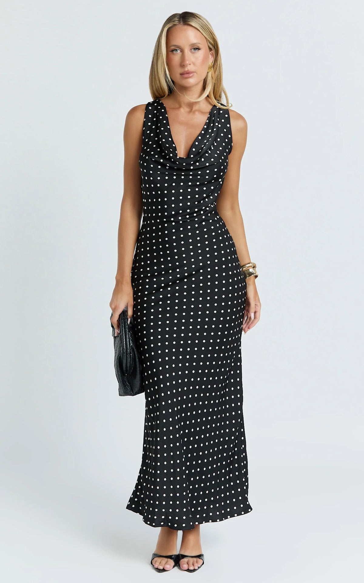 Blanca Midi Dress - Cowl Neck Bias Cut Dress in Black Polka Dot