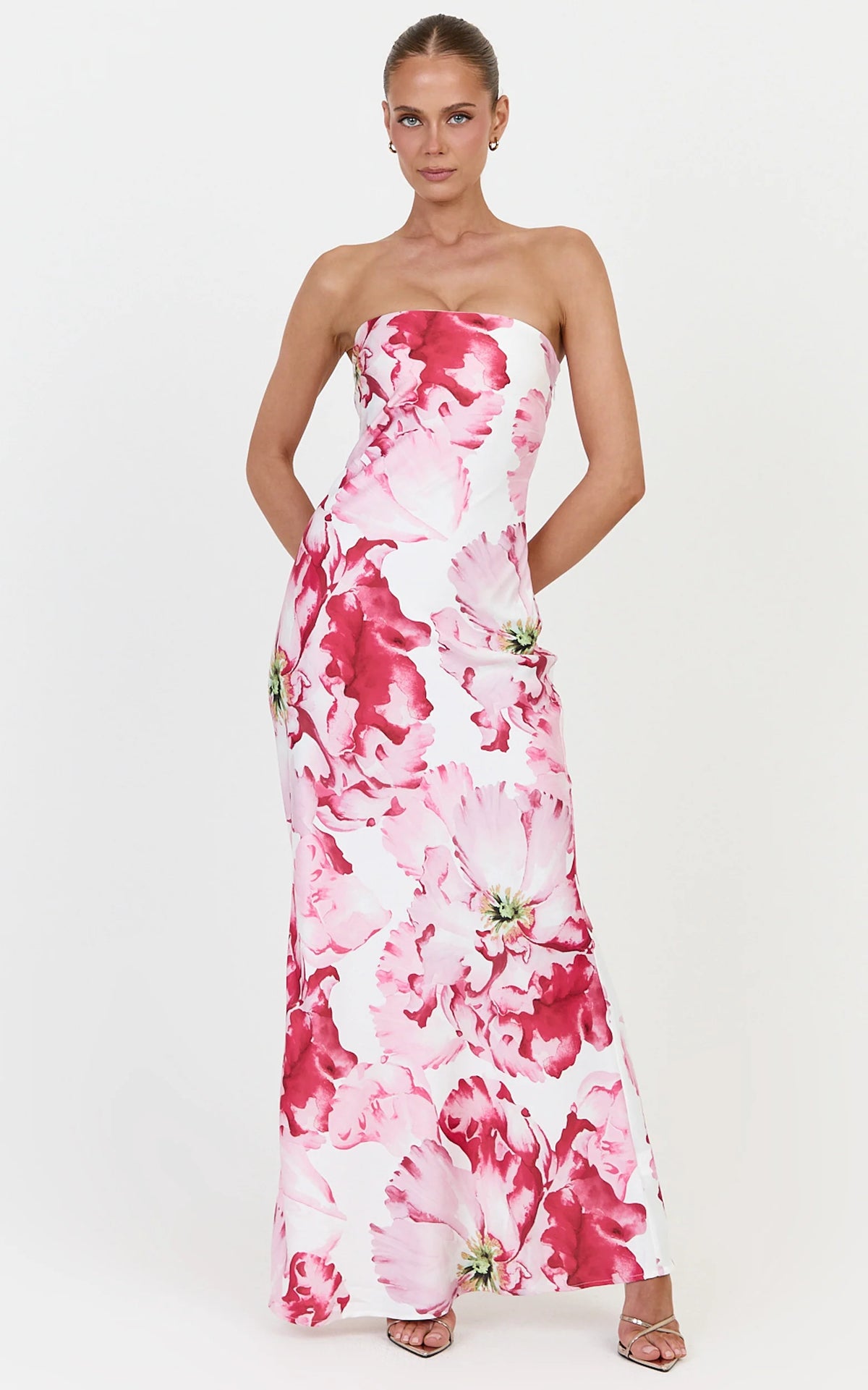 Alessia Maxi Dress - Strapless Fitted Dress in Poppy On White Print