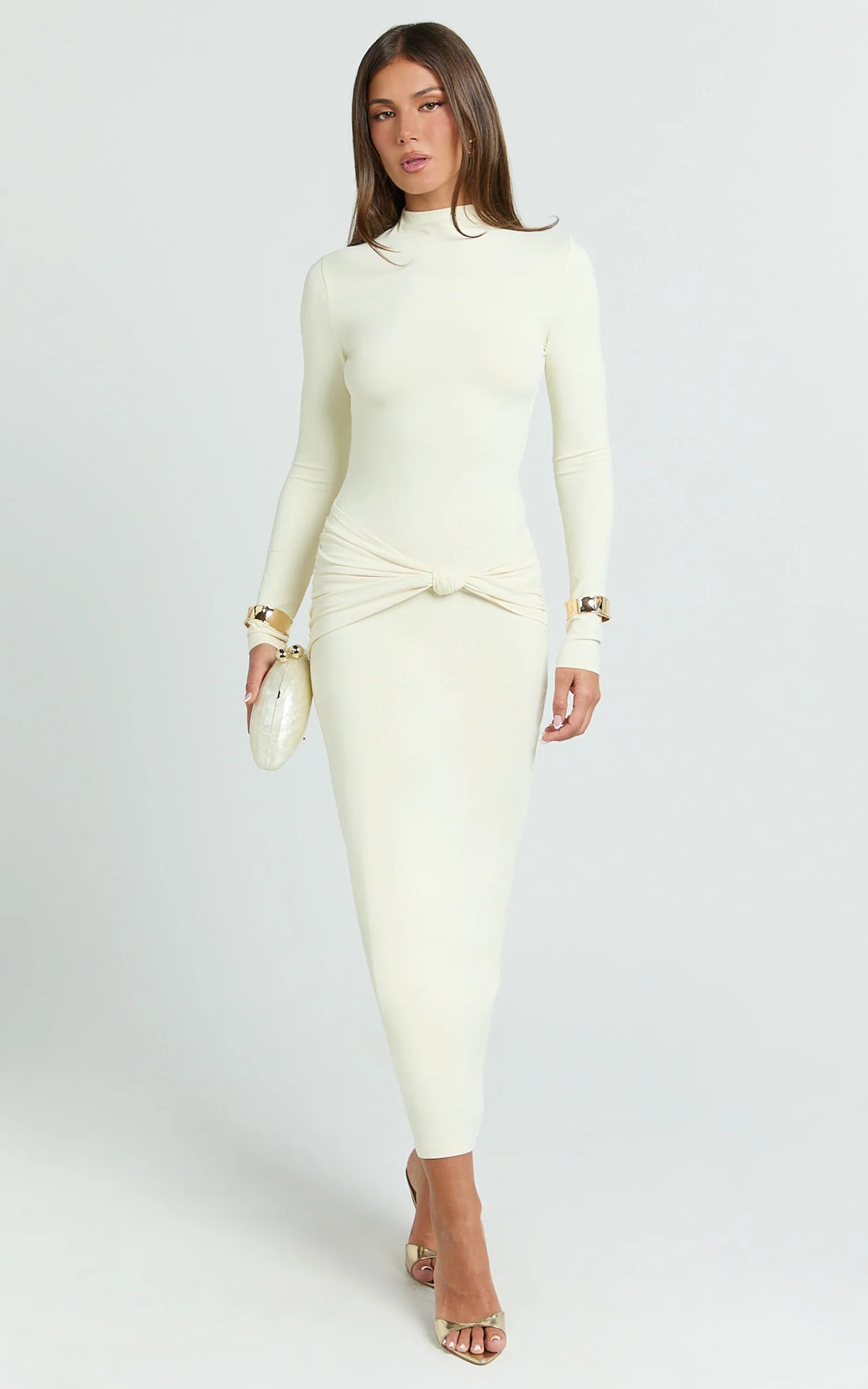 Amelita Midi Dress - Long Sleeve Knot Detail Dress in Cream