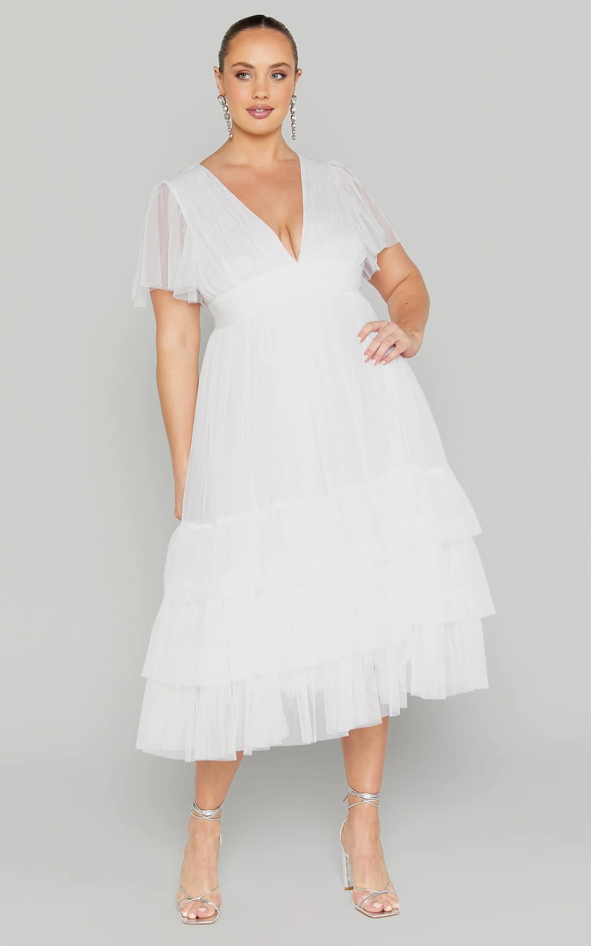 Jiraye Midi Dress - Flutter Sleeve Tuelle Plunge Dress in White