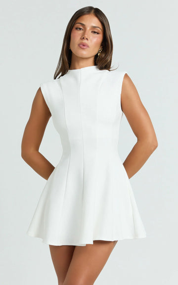 Becky Mini Dress - High Neck Sleeveless Fit And Flare Dress in White
