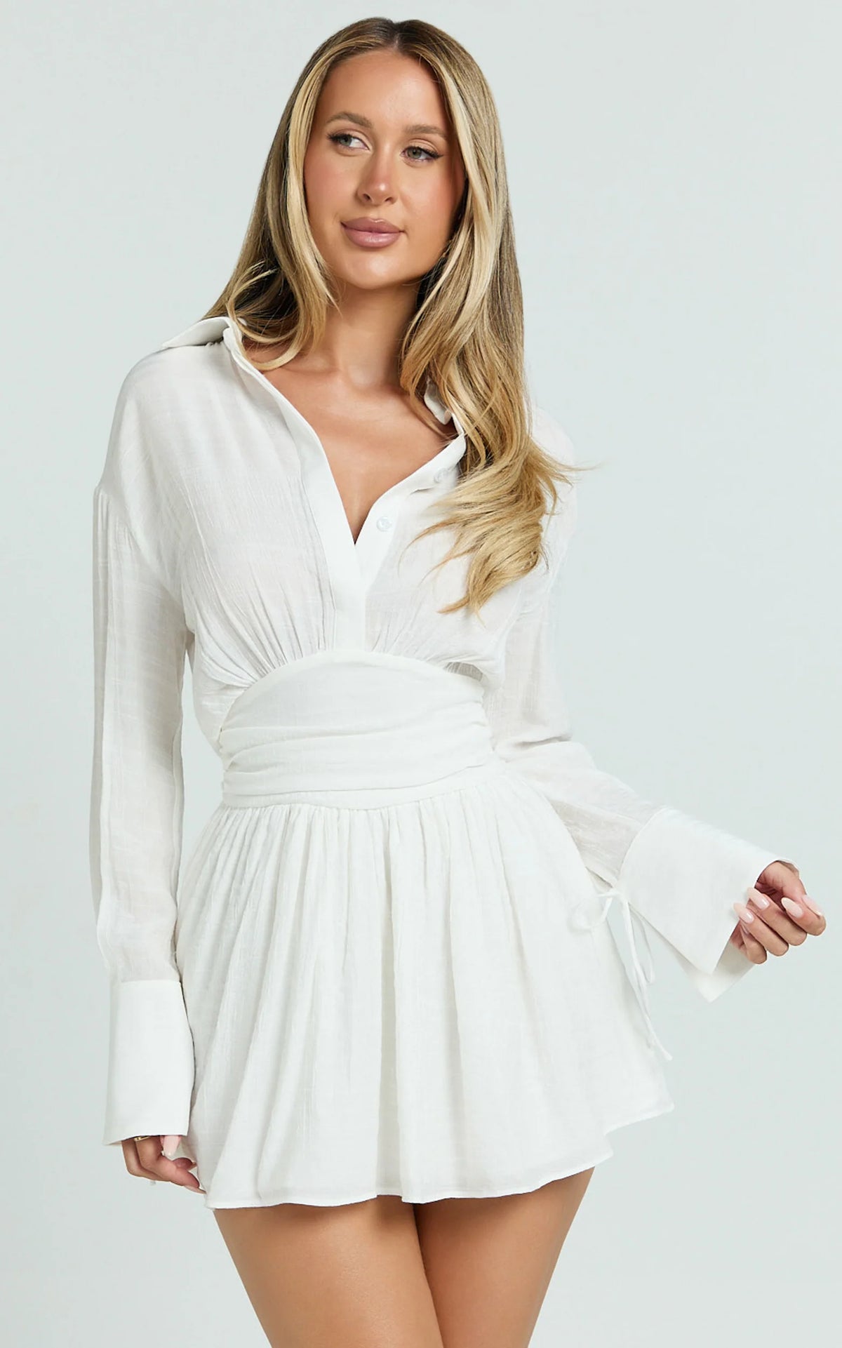 Valerie Mini Dress - Collared Long Sleeve Waist Shirt Dress in White