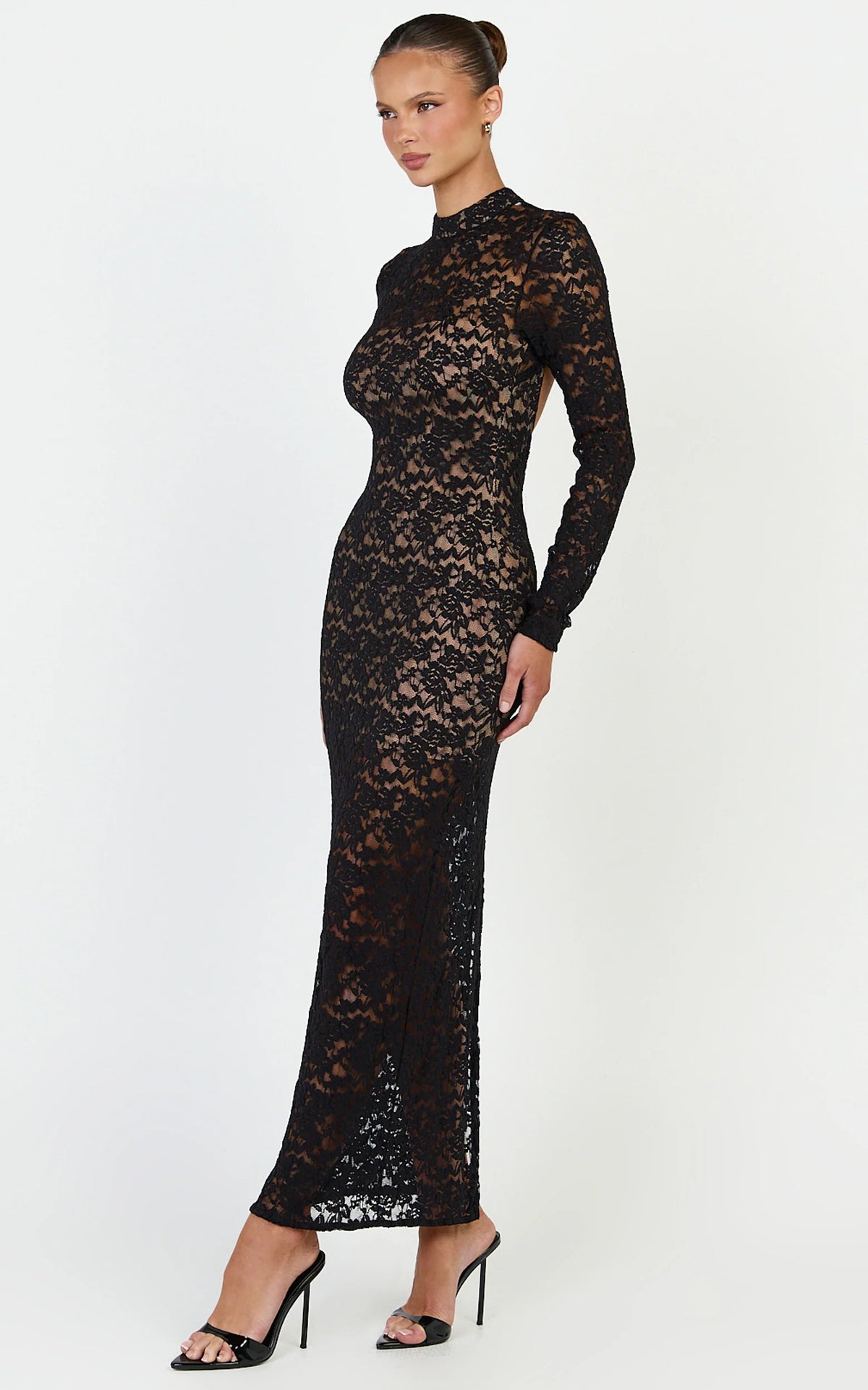 Emma Midi Dress - Long Sleeve Open Back Fitted Dress in Black