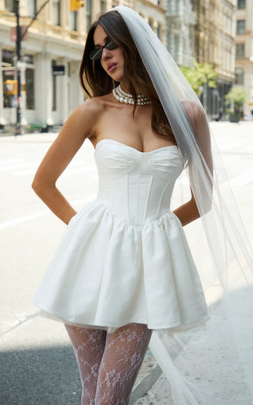 Charlize Mini Dress - Satin Sweetheart V Waist Fit And Flare Dress in White