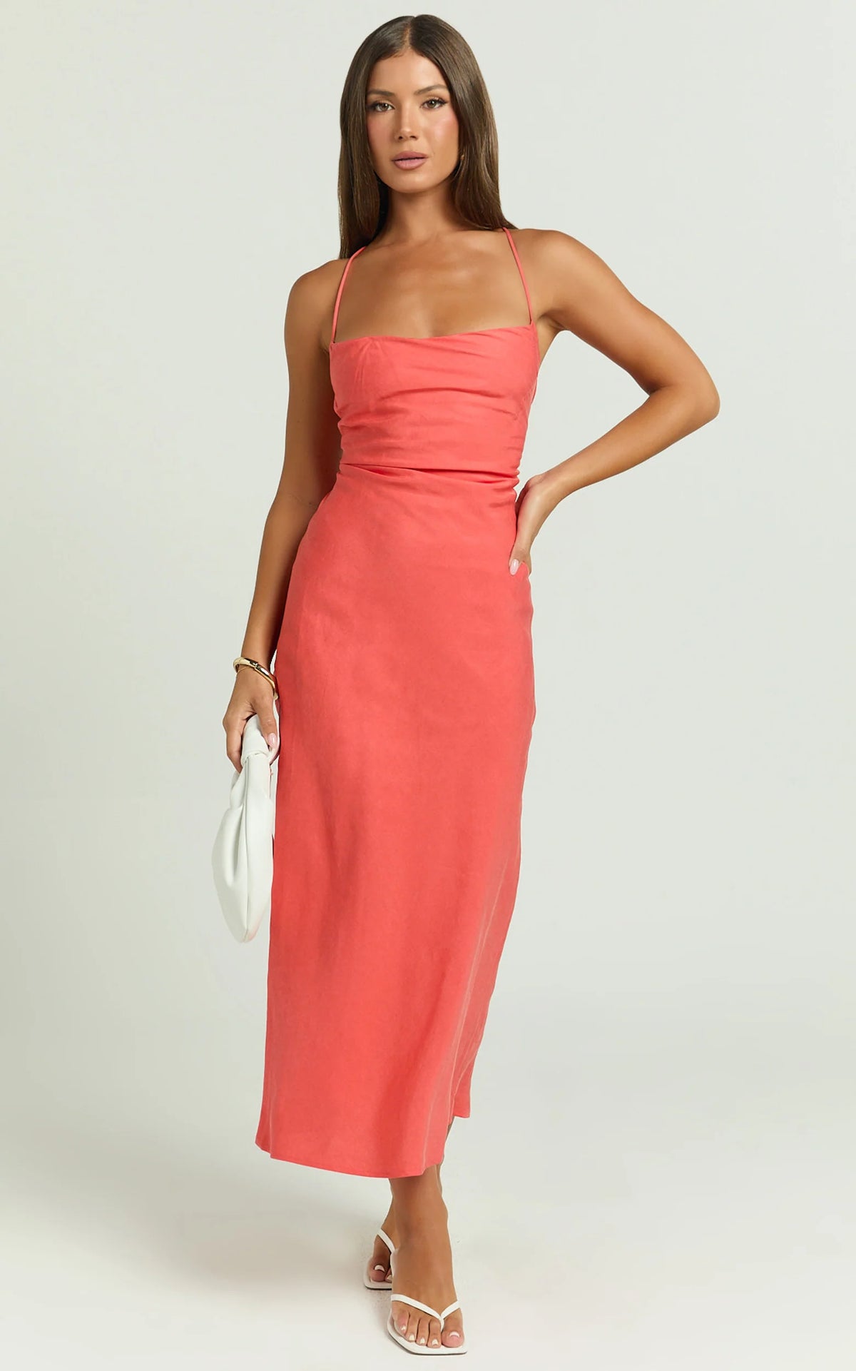 Evangeline Midi Dress - Square Neck Cross Back Bias Dress in Coral