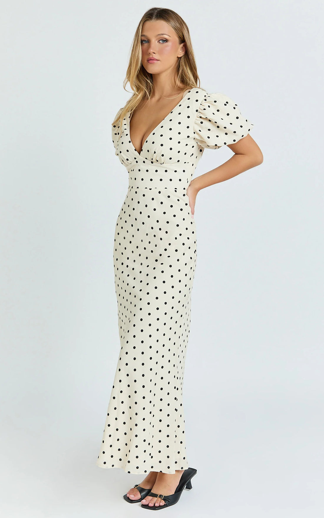 Elise Midi Dress - V Neck Puff Sleeve Dress in White Polka Dot