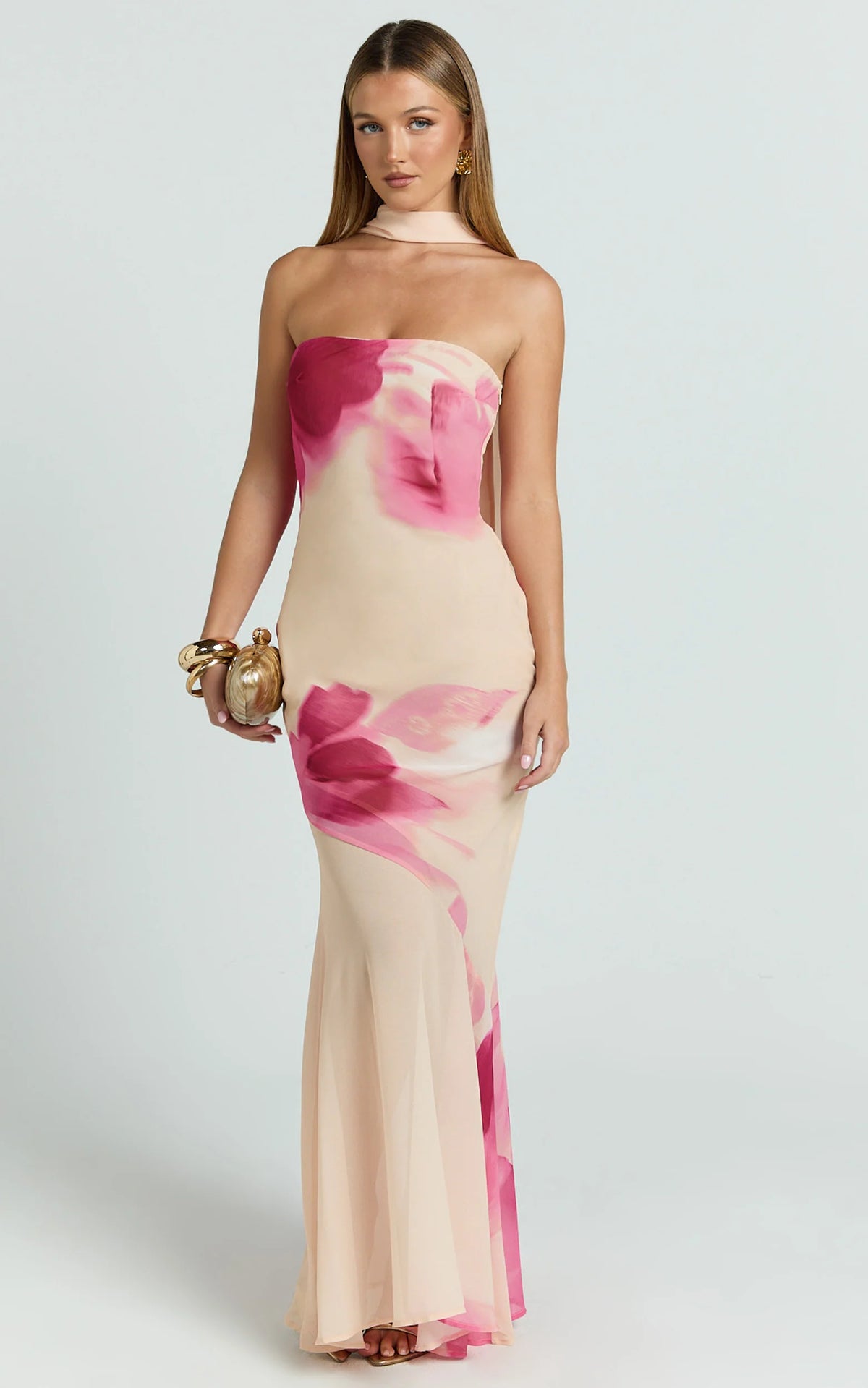 Angie Maxi Dress - Strapless Bias Column Dress with Scarf in Electric Bloom Lemon