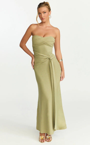 Aria Midi Dress - Strapless Tie Waist Dress in Sage