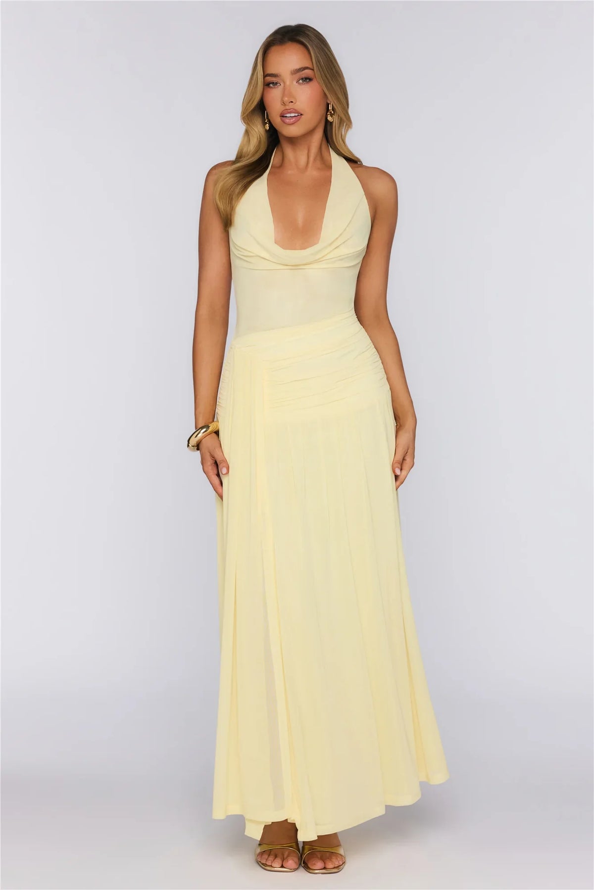 Say Less Energy Halter Mesh Maxi Dress Yellow