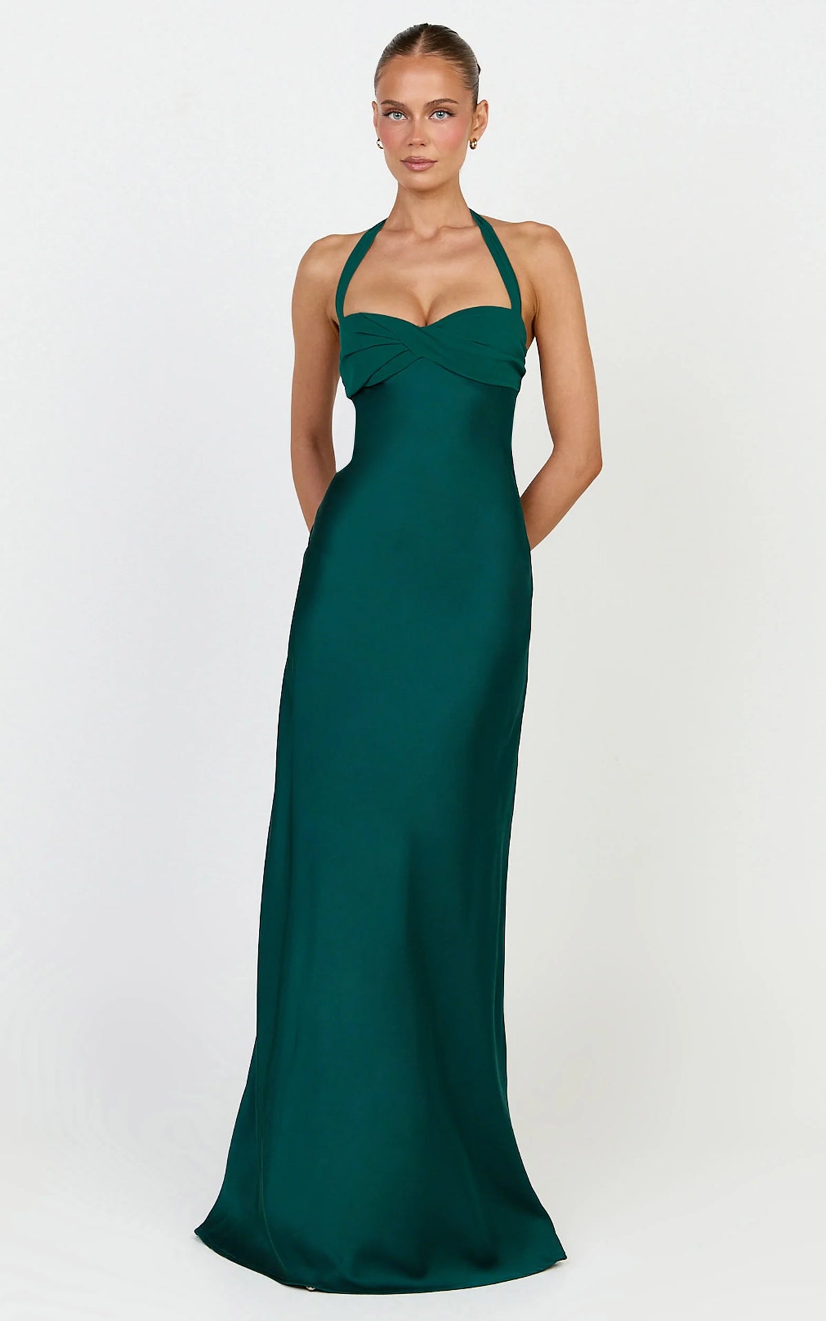 Flynn Maxi Dress - Satin Halter Sweetheart Neck Dress in Emerald