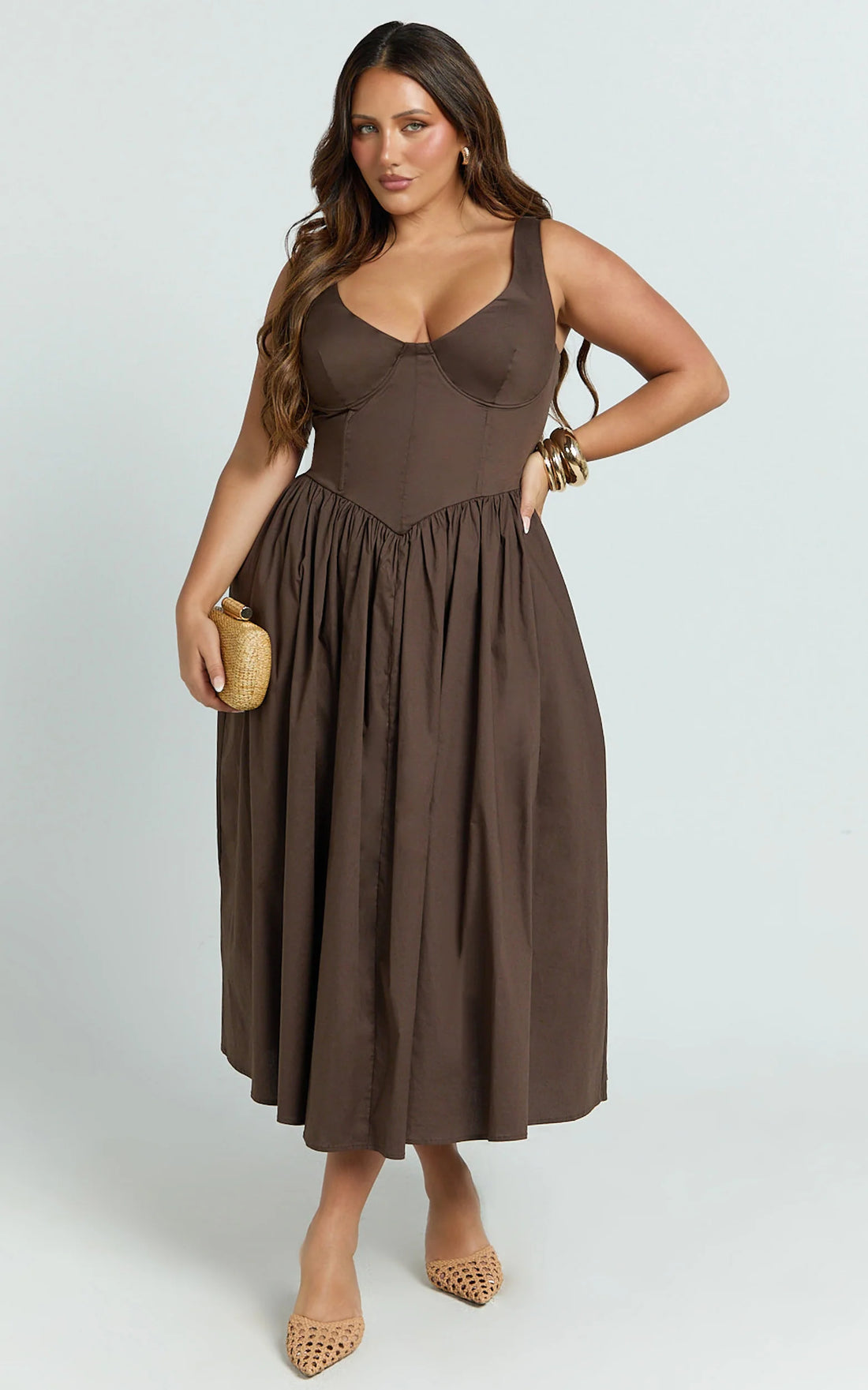 Beckett Midi Dress - Scoop Neck Drop V Waist Gathered Skirt Dress in Dark Chocolate