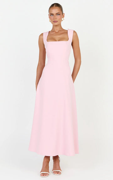 Zinnia Midi Dress - Square Neck A Line Dress in Pink