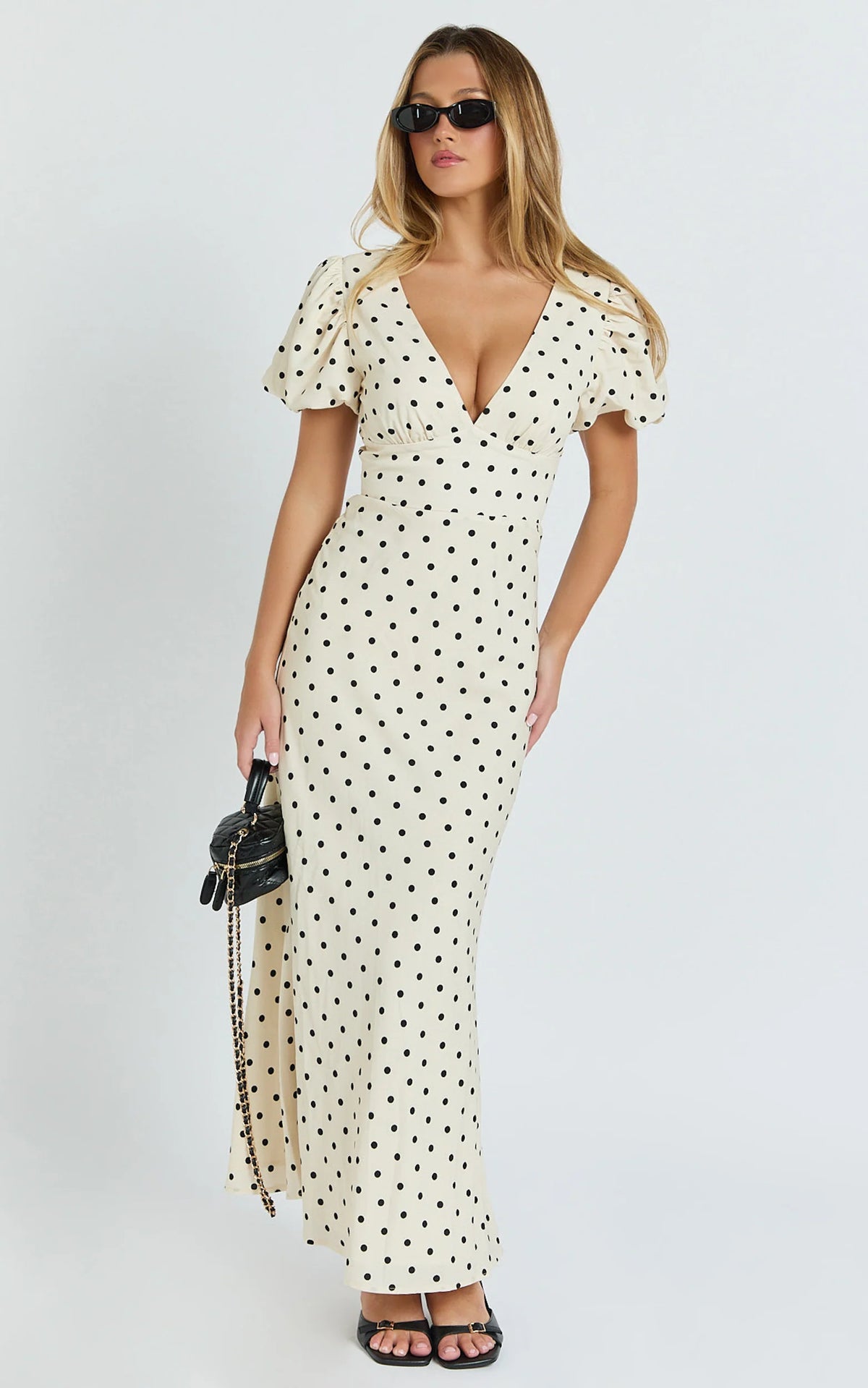 Elise Midi Dress - V Neck Puff Sleeve Dress in White Polka Dot